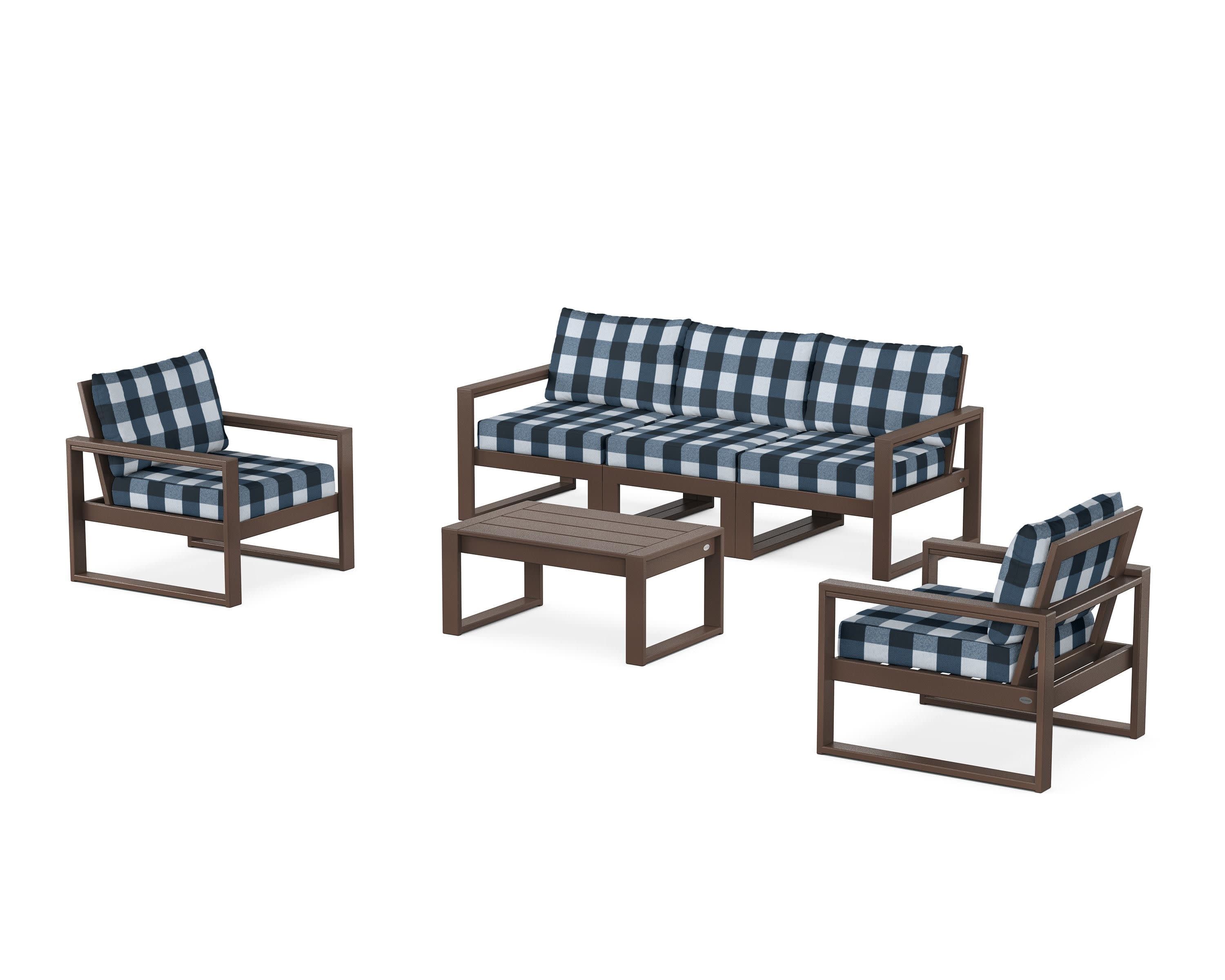 EDGE Sectional 4-Piece Deep Seating Set with Sofa in Mahogany / Buffalo Plaid Marine Indigo
