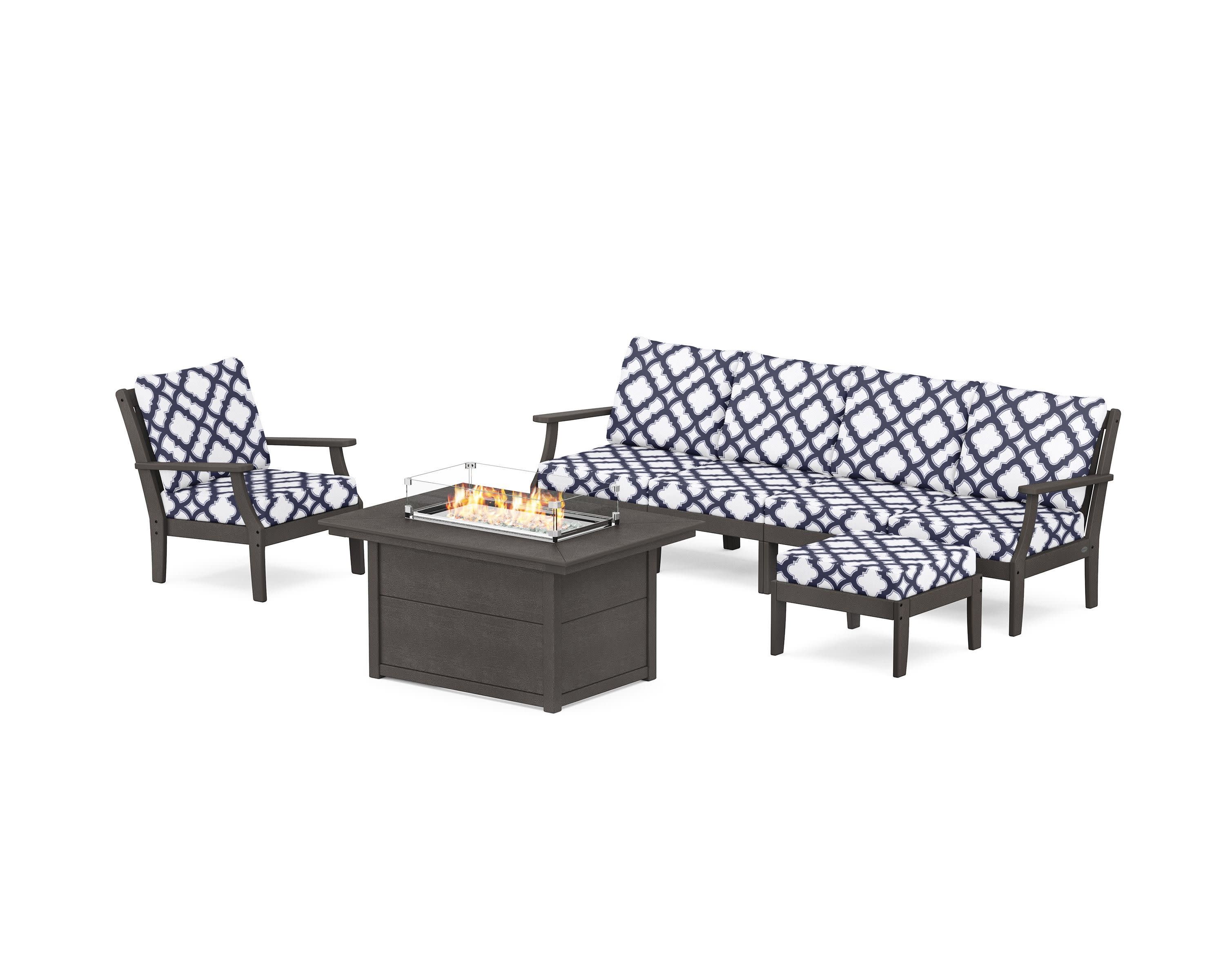 Braxton Sectional Lounge and Fire Pit Set in Vintage Coffee / Trellis Navy