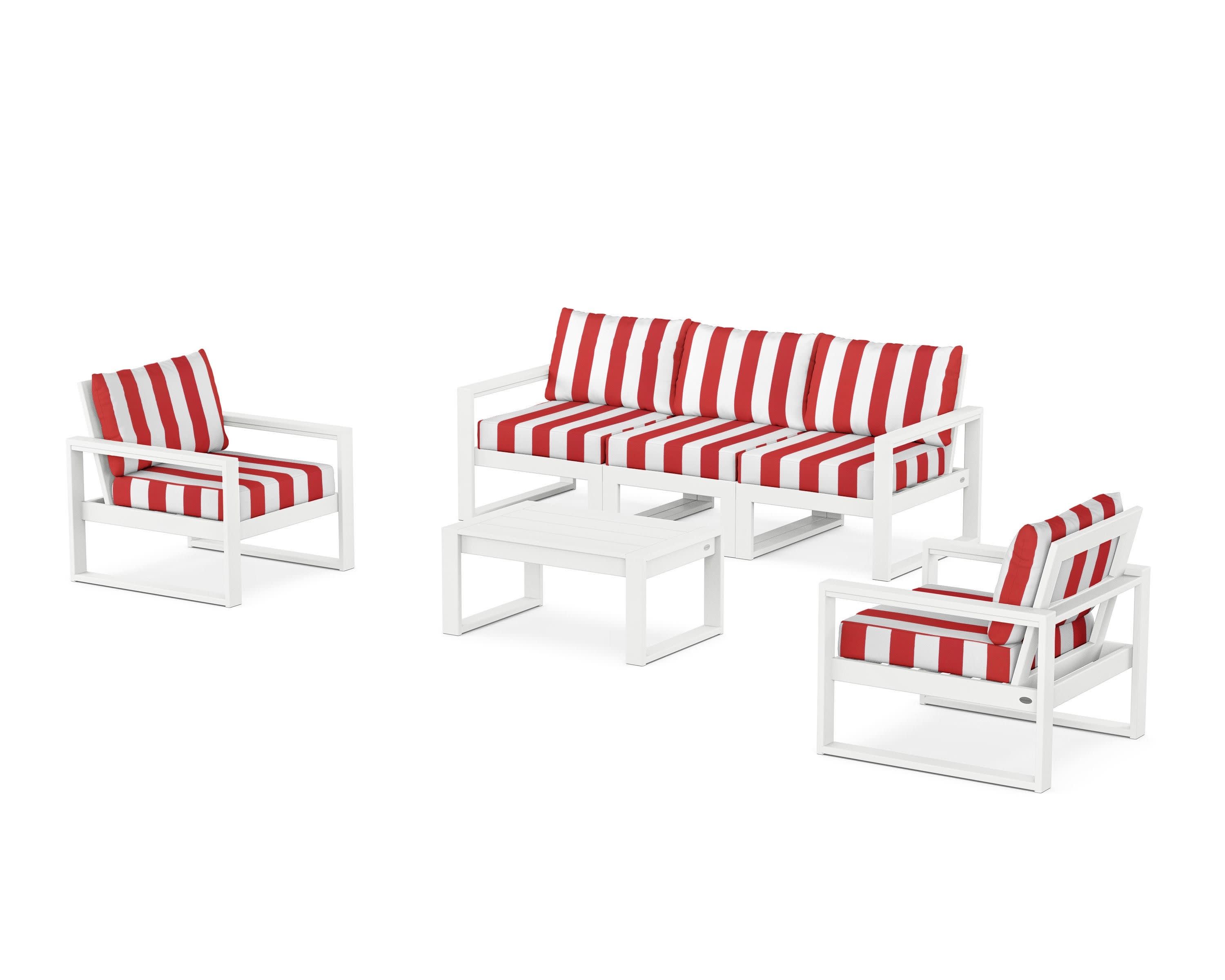 EDGE Sectional 4-Piece Deep Seating Set with Sofa in White / Cabana Stripe Crimson