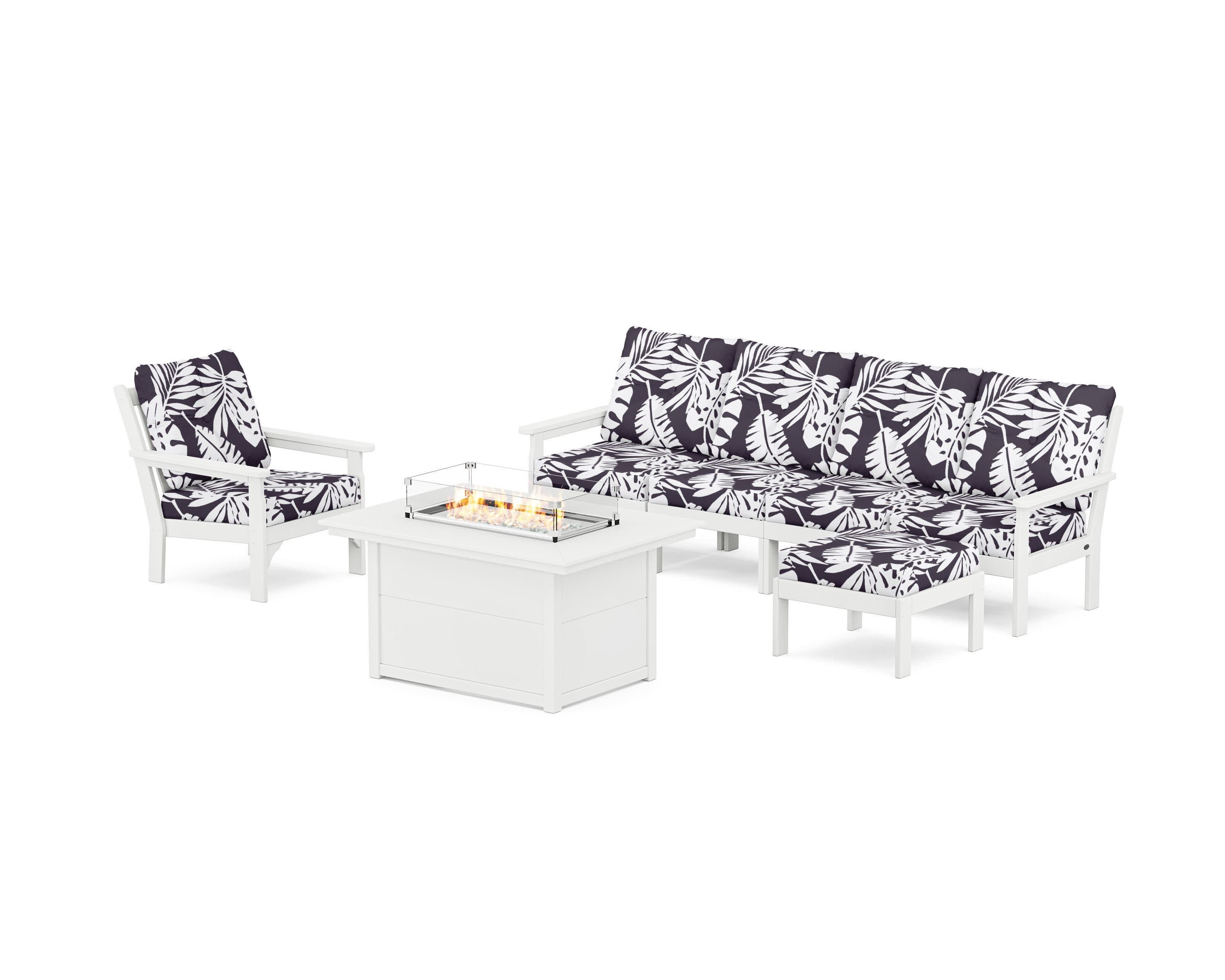 Vineyard Sectional Lounge and Fire Pit Set in White / Leaf Navy