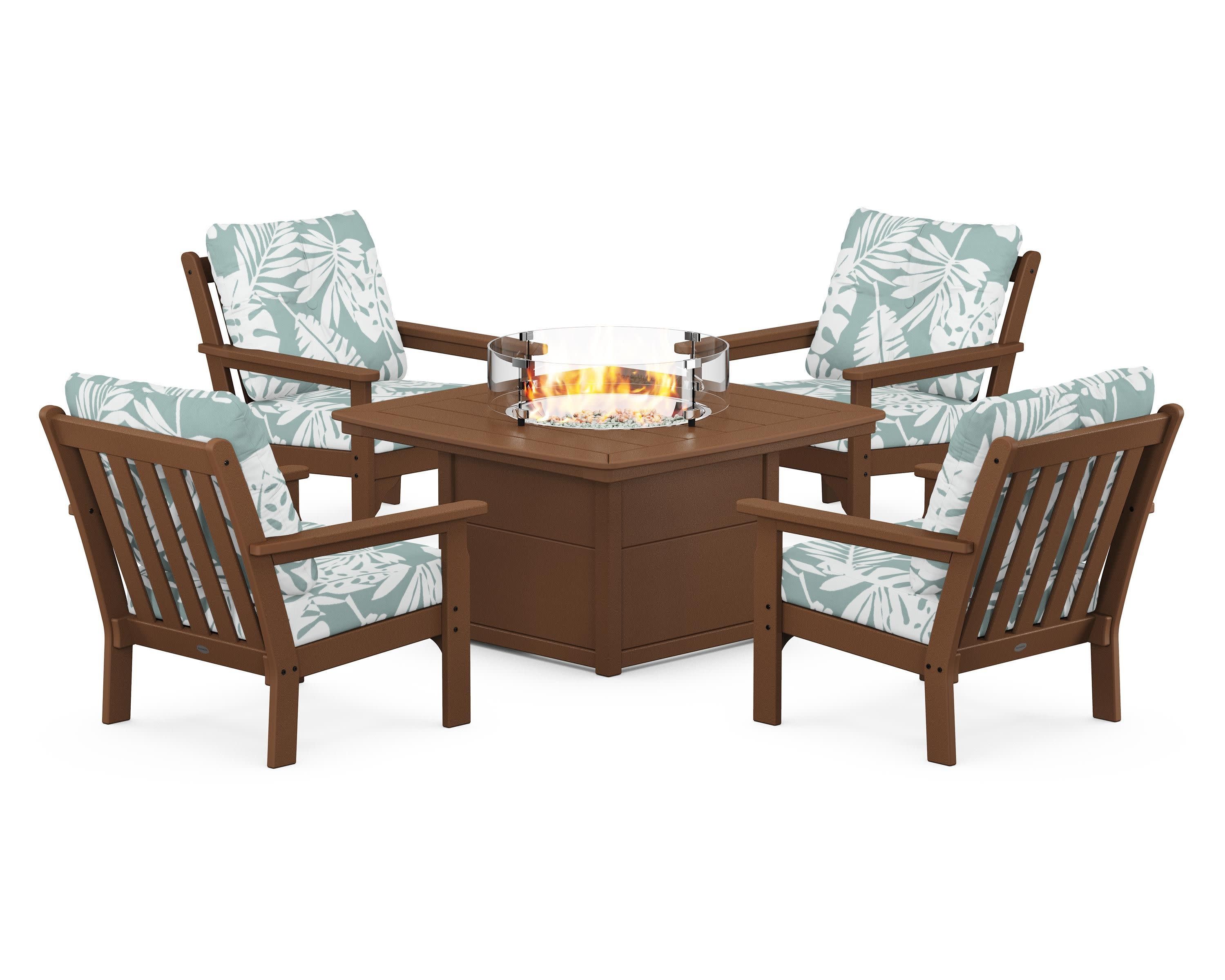 Vineyard 5-Piece Conversation Set with Fire Pit Table in Teak / Leaf Glacier Spa