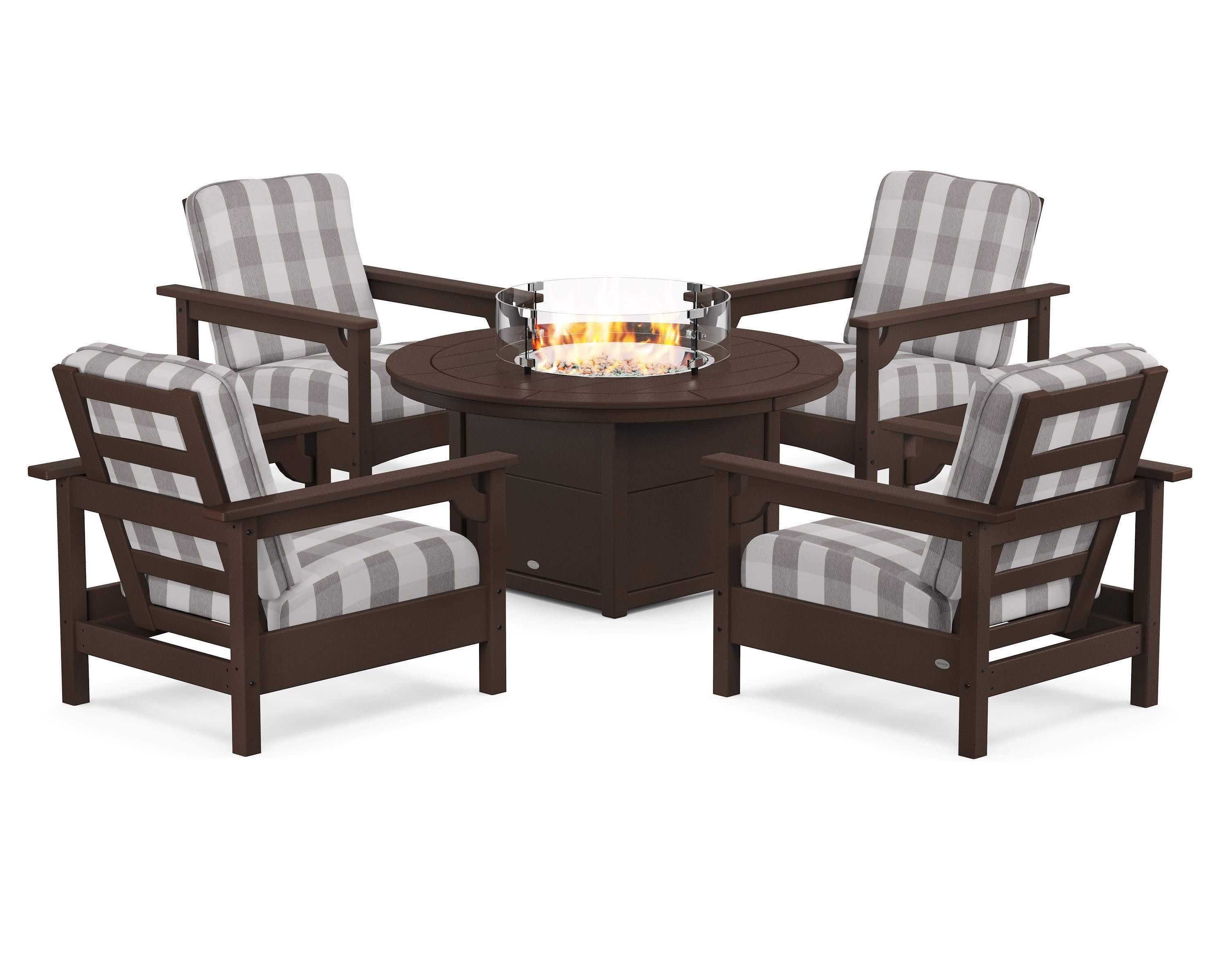 Club 5-Piece Conversation Set with Fire Pit Table in Mahogany / Buffalo Plaid Grey Mist