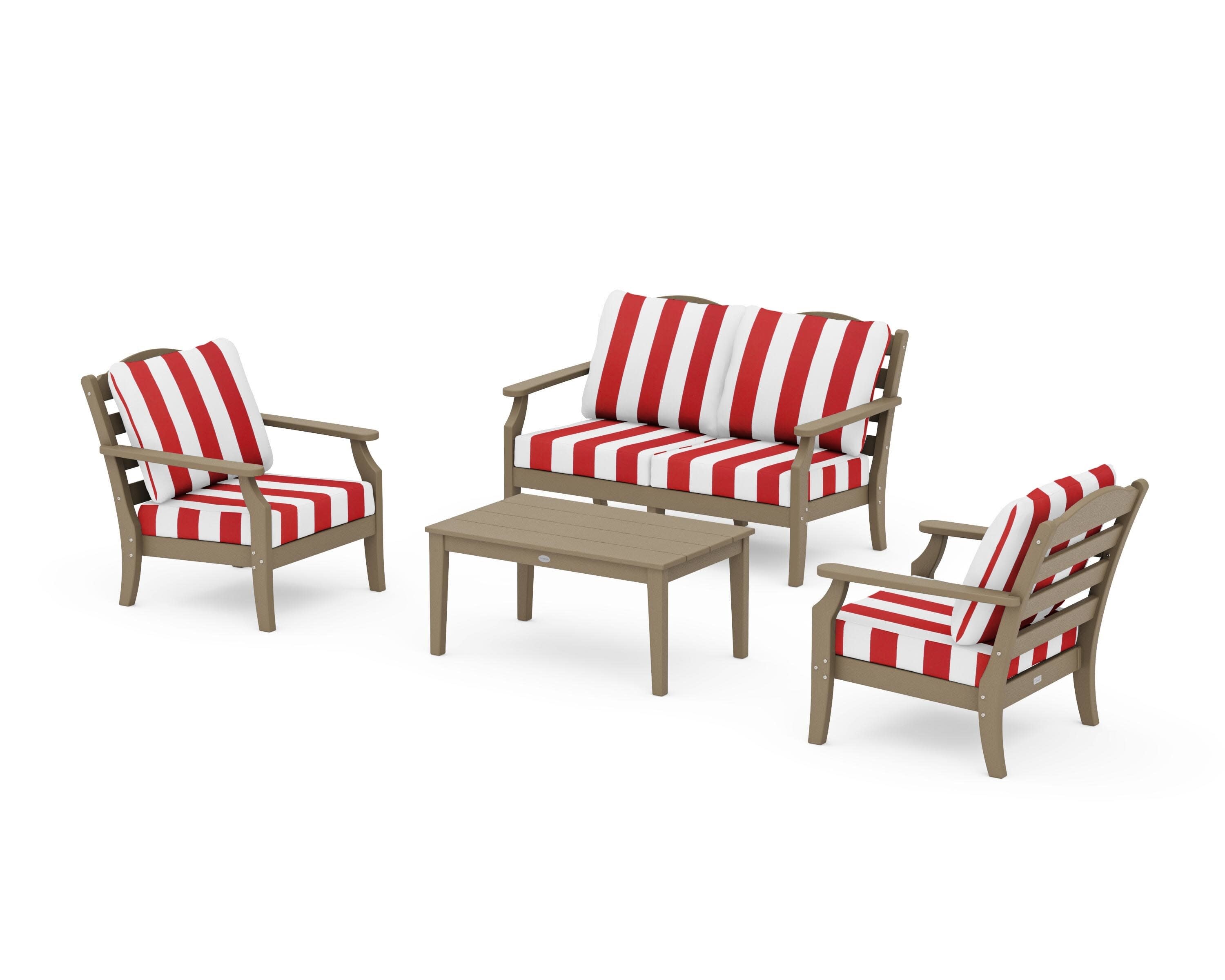 Savannah 4-Piece Deep Seating Set with Loveseat in Vintage Sahara / Cabana Stripe Crimson