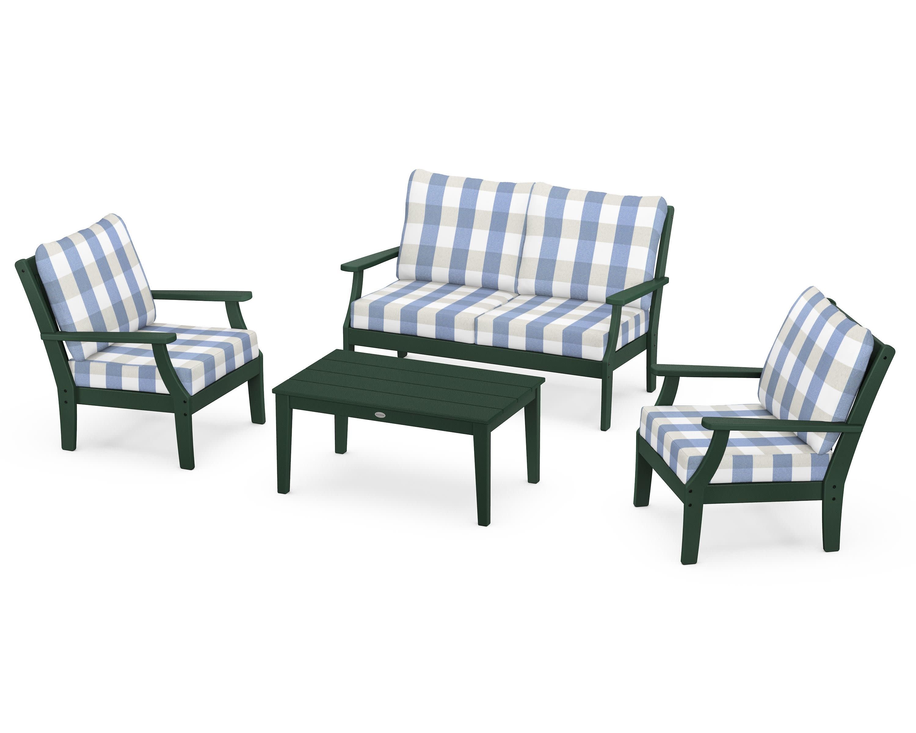 Braxton 4-Piece Deep Seating Chair Set in Green / Buffalo Plaid Sky Blue