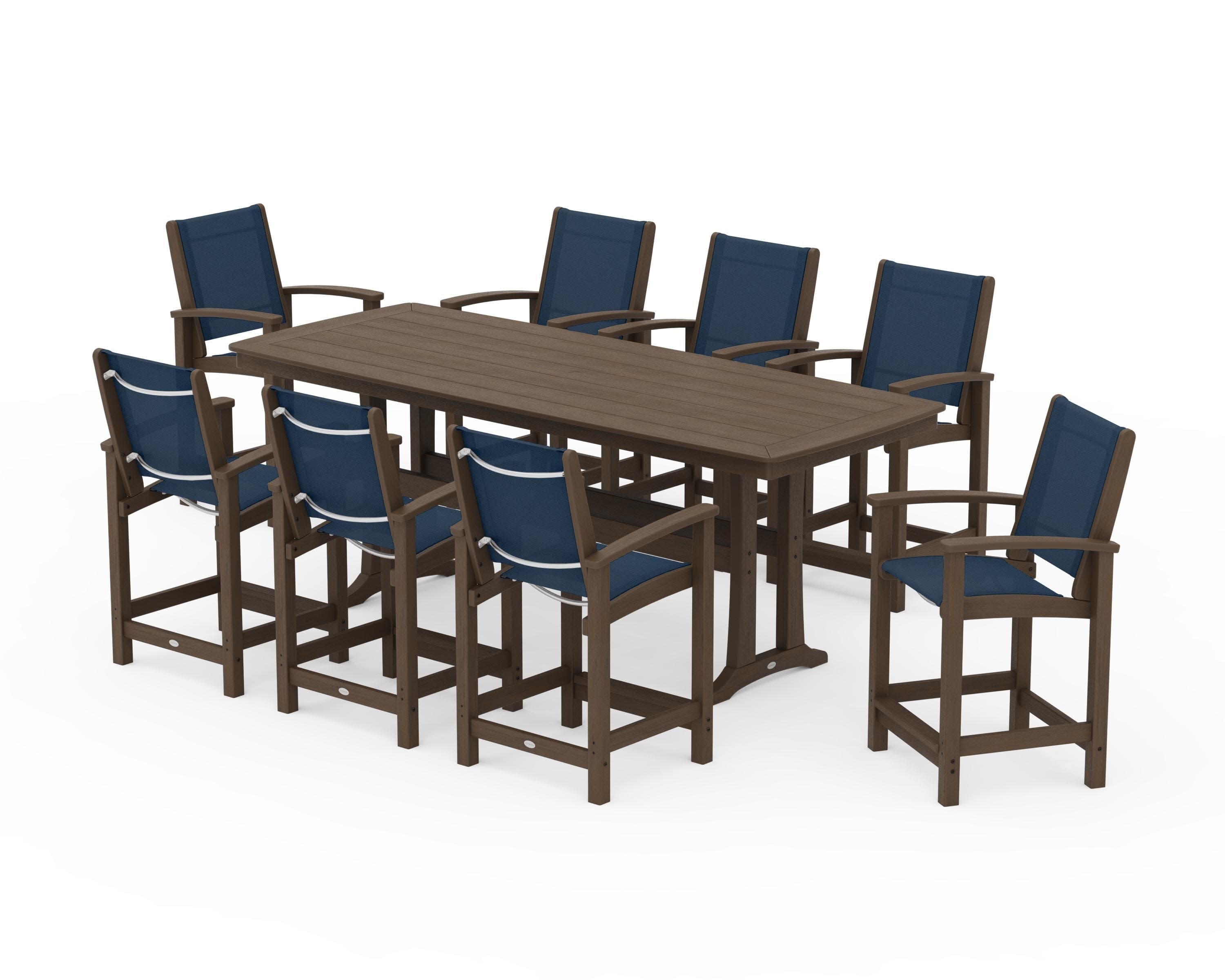 Coastal 9-Piece Counter Set with Trestle Legs in Kona / Navy Blue Sling