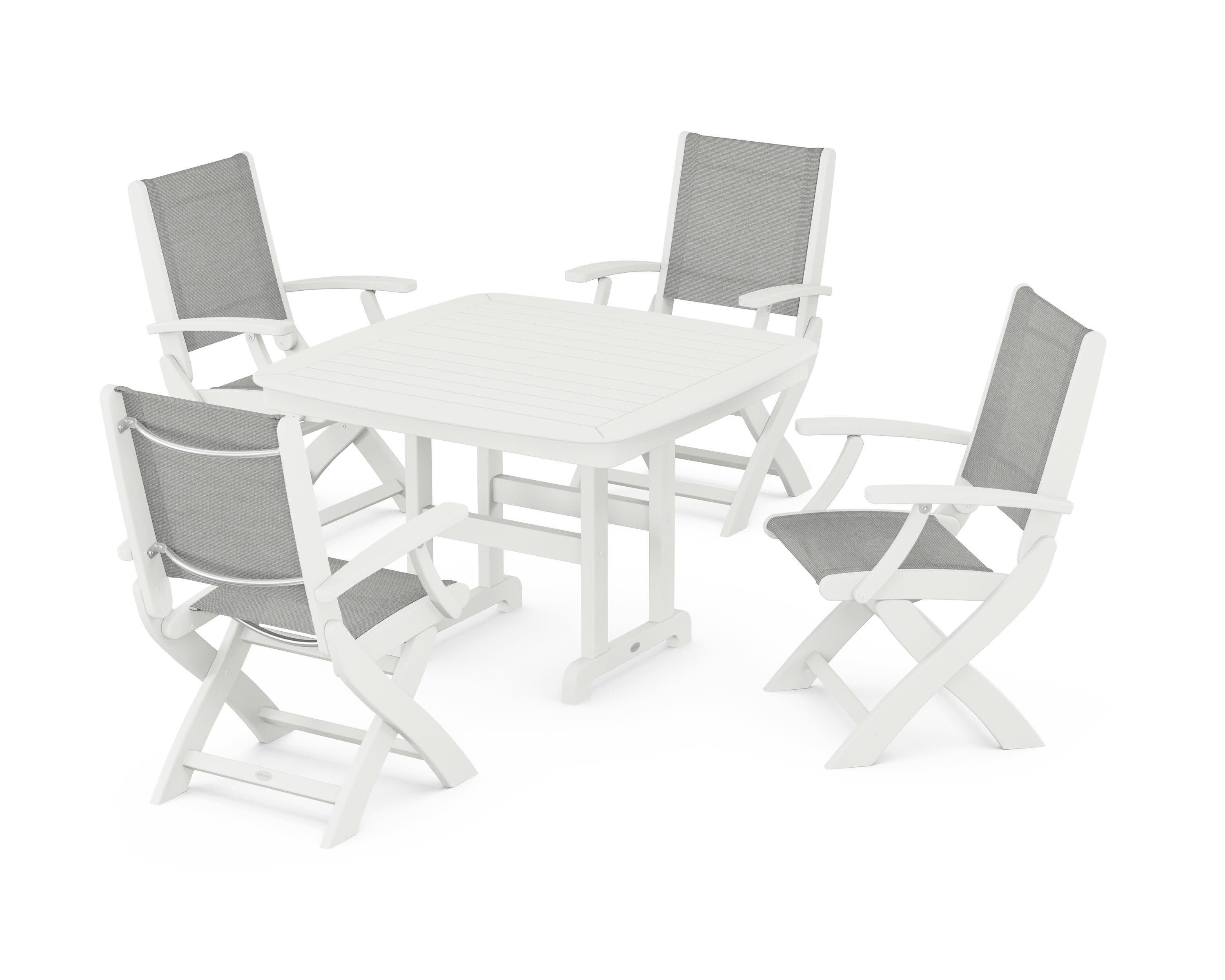 Coastal Folding Chair 5-Piece Dining Set in Vintage White / Metallic Sling
