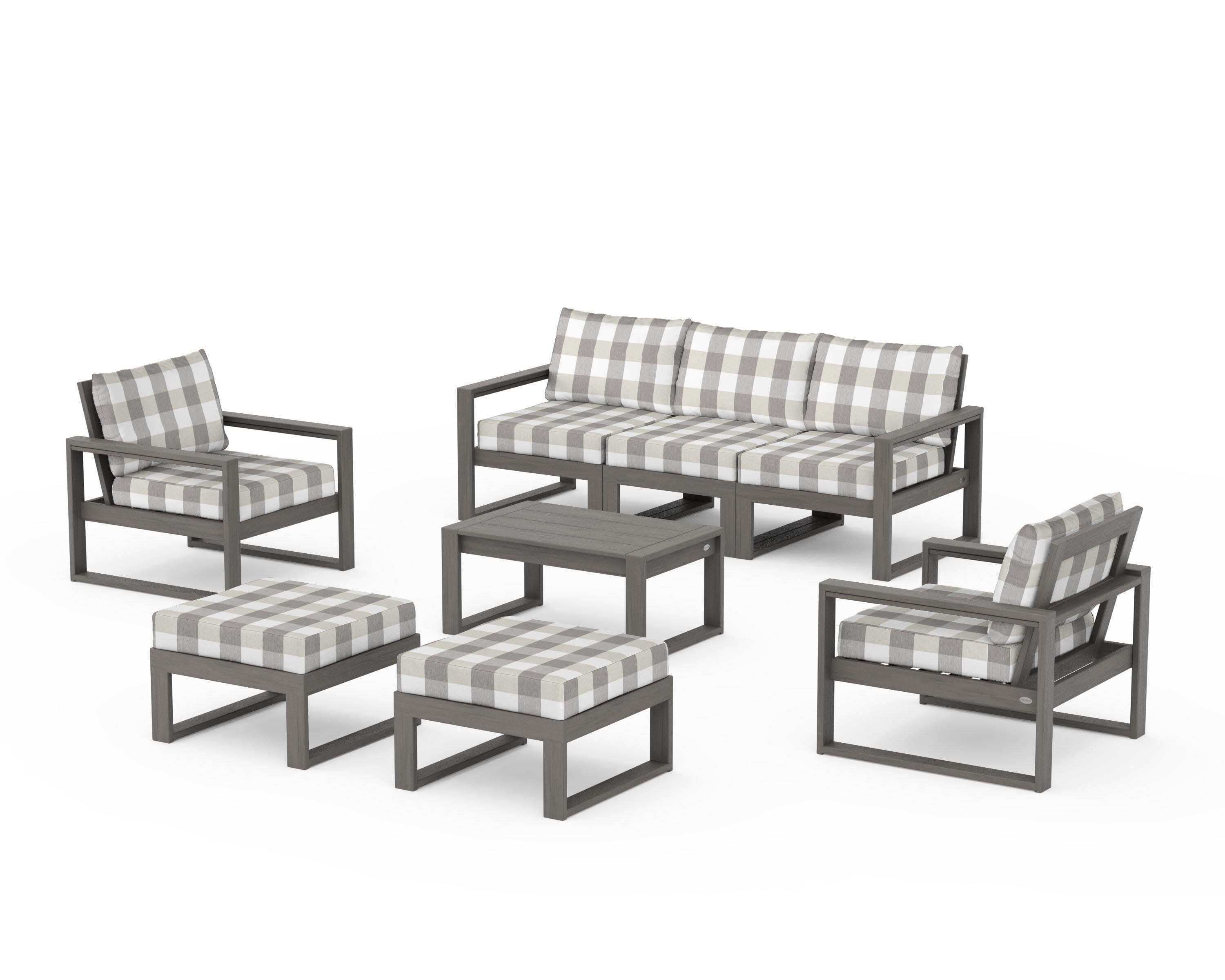 EDGE Sectional 8-Piece Lounge Sofa Set in Driftwood / Buffalo Plaid Grey Mist