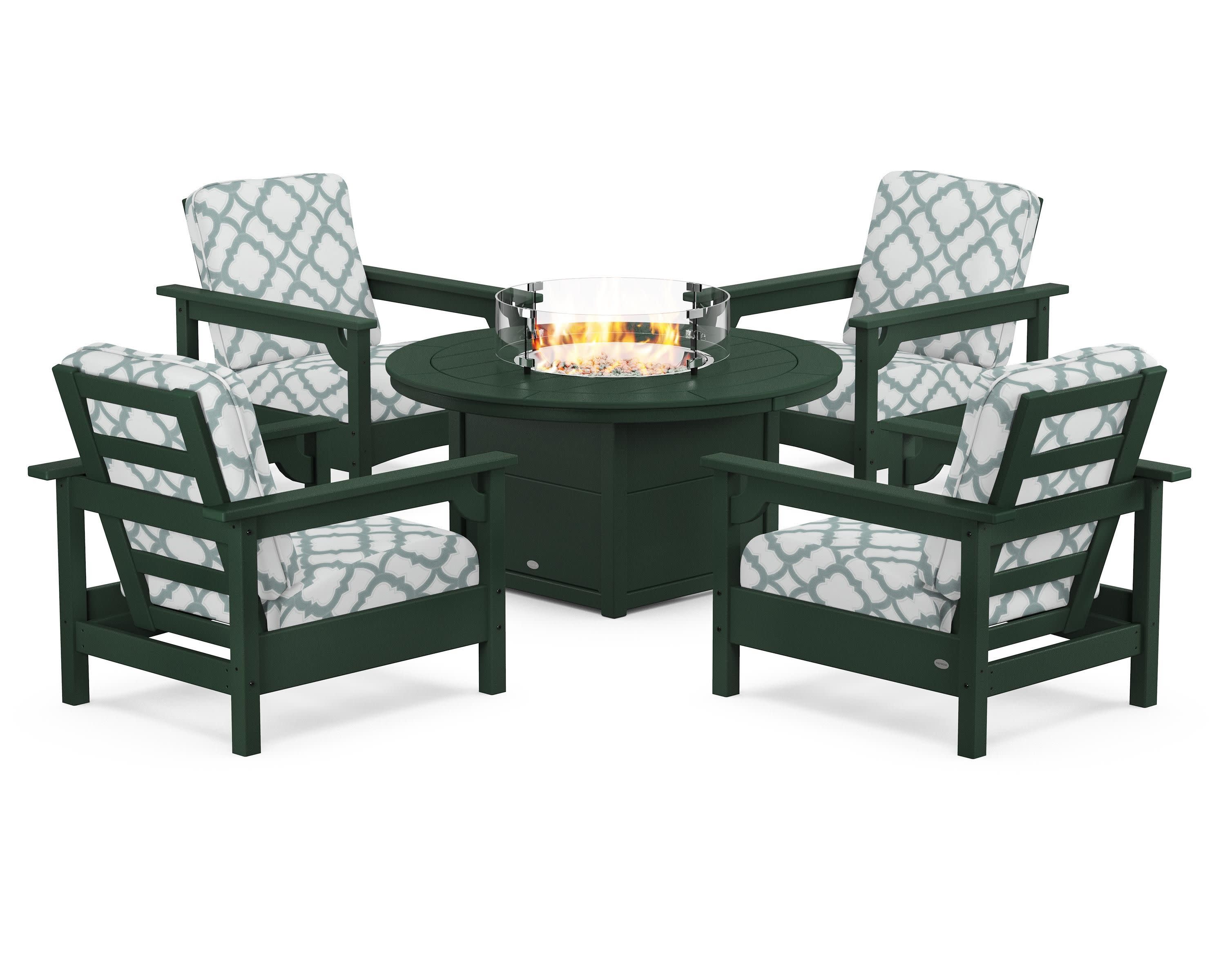 Club 5-Piece Conversation Set with Fire Pit Table in Green / Trellis Glacier Spa