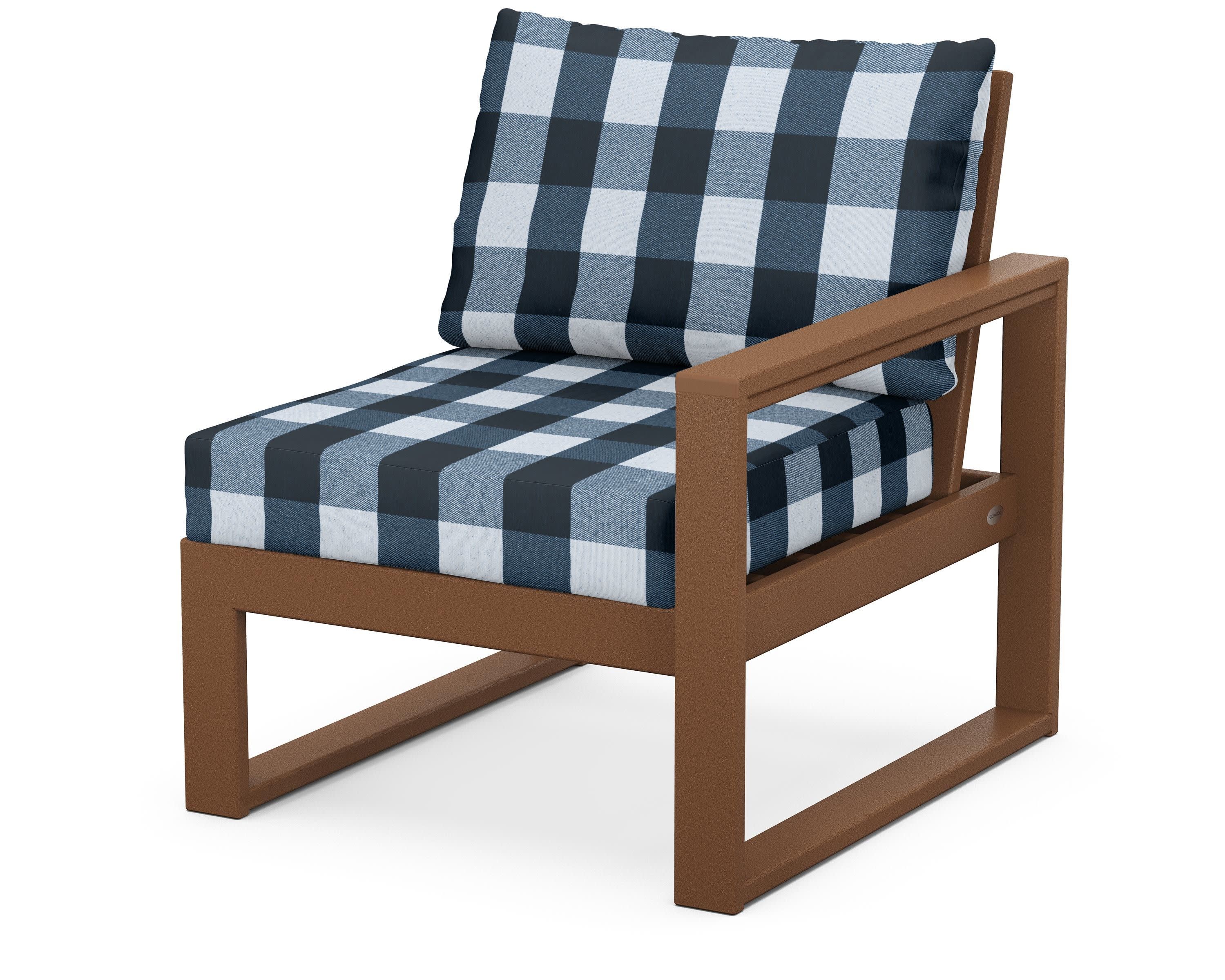 EDGE Modular Right Arm Chair in Teak / Buffalo Plaid Marine Indigo
