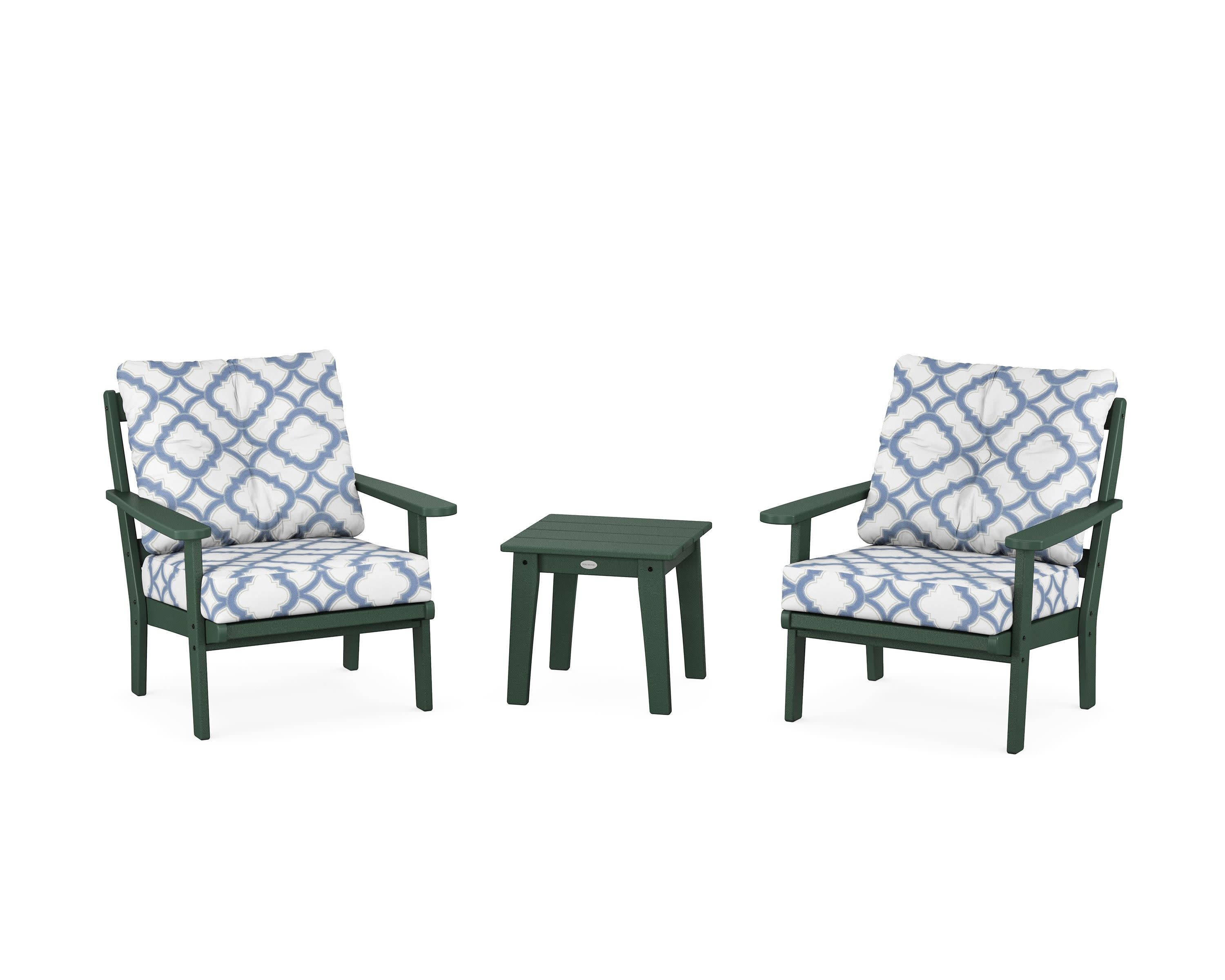 Mission 3-Piece Deep Seating Set in Green / Trellis Sky Blue