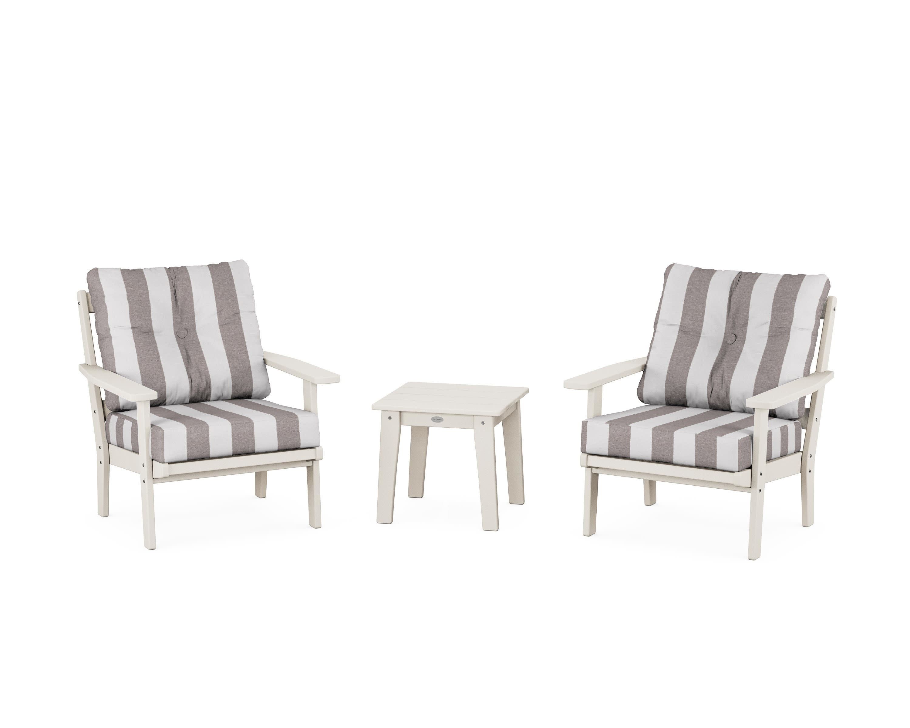 Oxford 3-Piece Deep Seating Set in Sand / Cabana Stripe Grey Mist