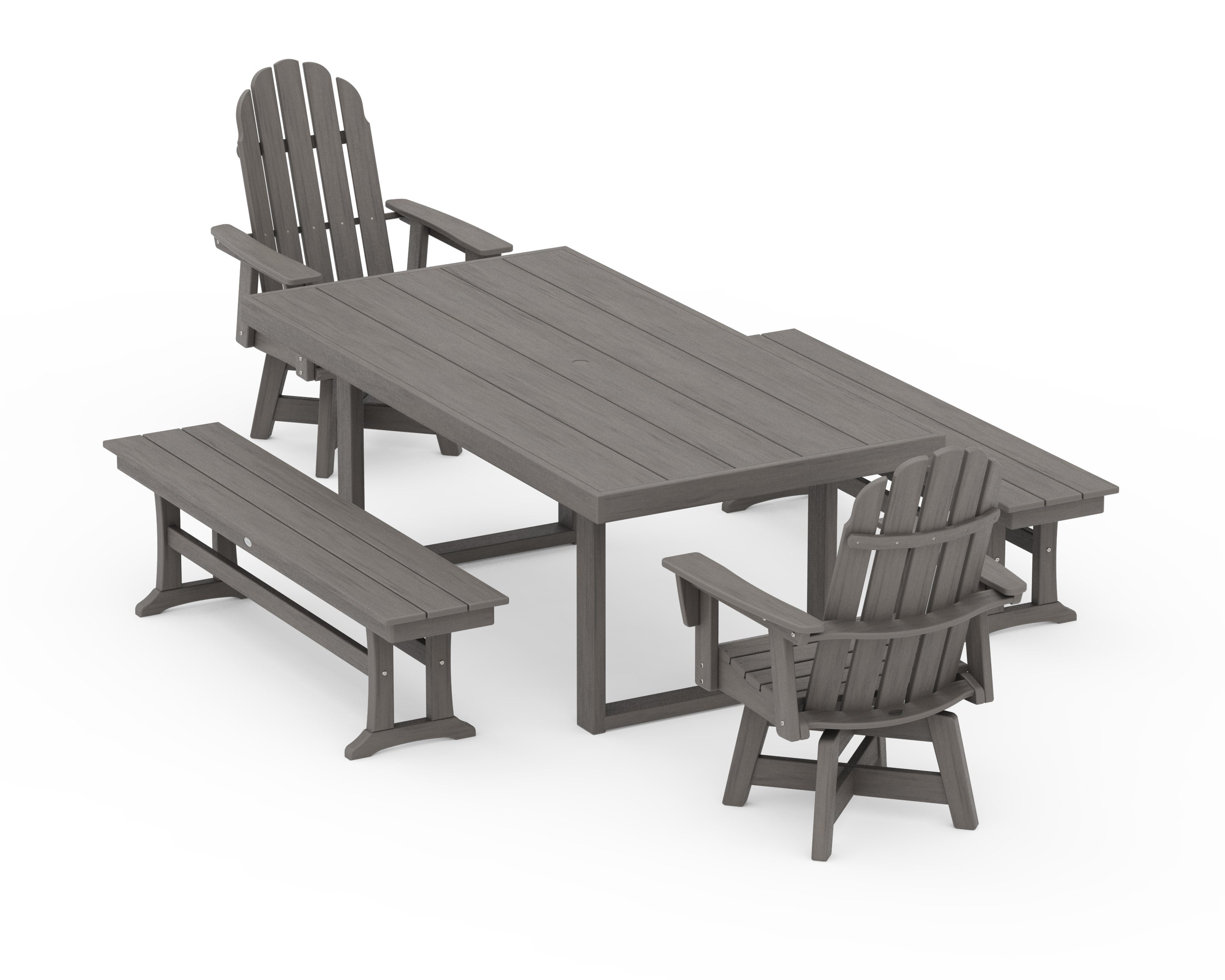 Vineyard Curveback Adirondack Swivel Chair 5-Piece Dining Set with Benches in Driftwood