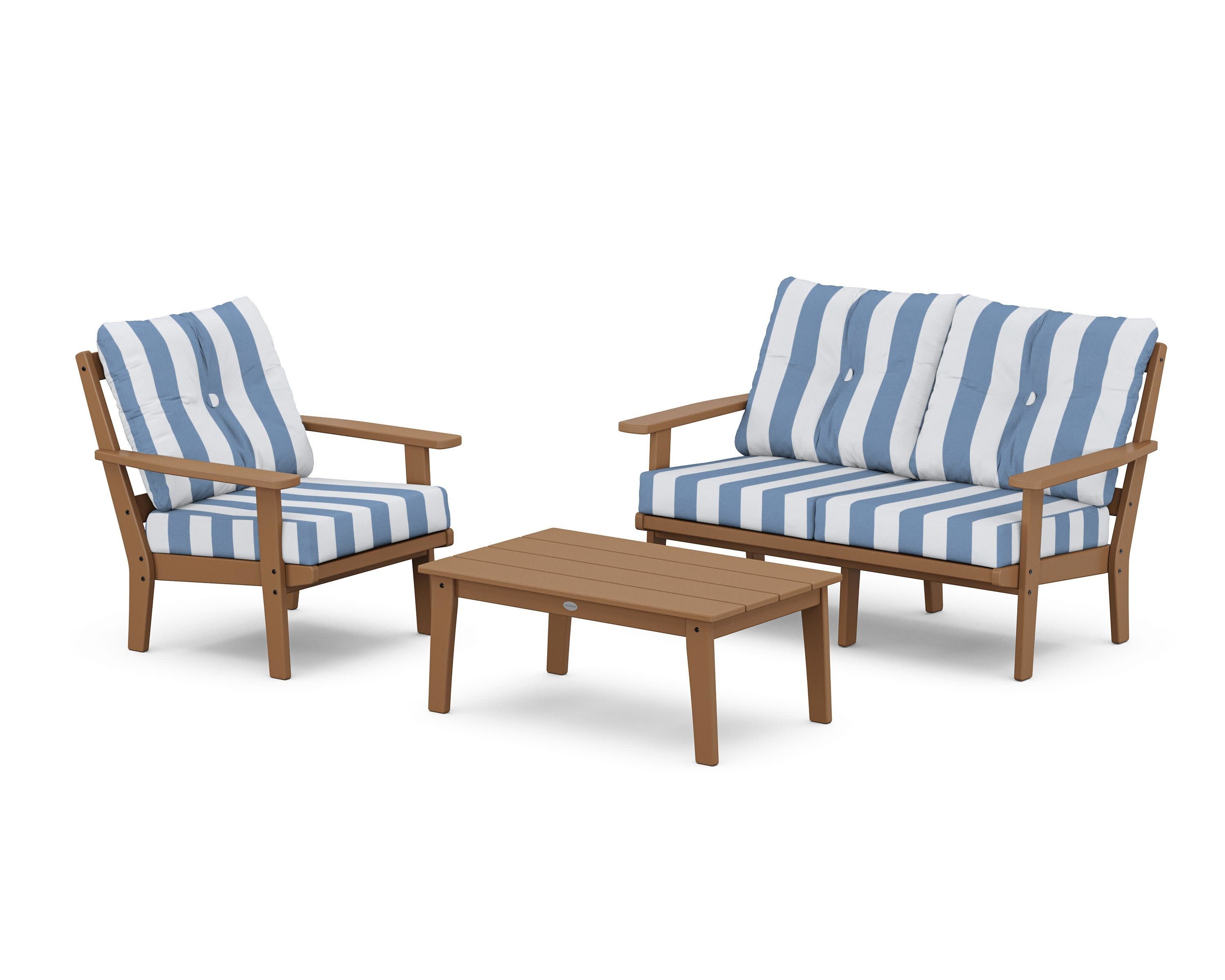 Prairie 3-Piece Deep Seating Set with Loveseat in Teak / Cabana Stripe Sky Blue