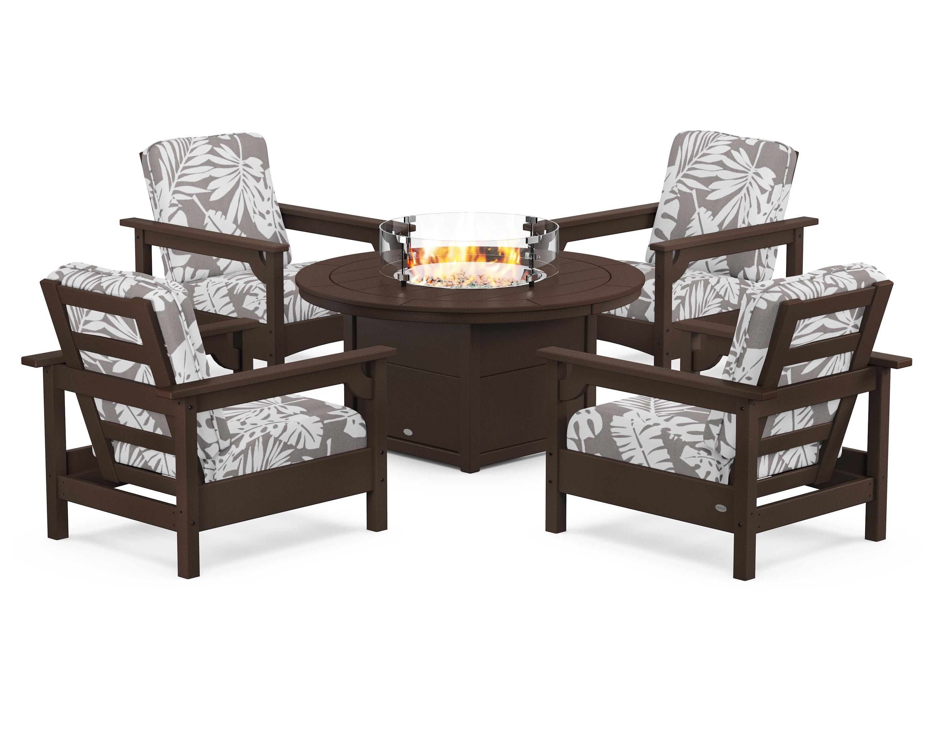 Club 5-Piece Conversation Set with Fire Pit Table in Mahogany / Leaf Grey Mist
