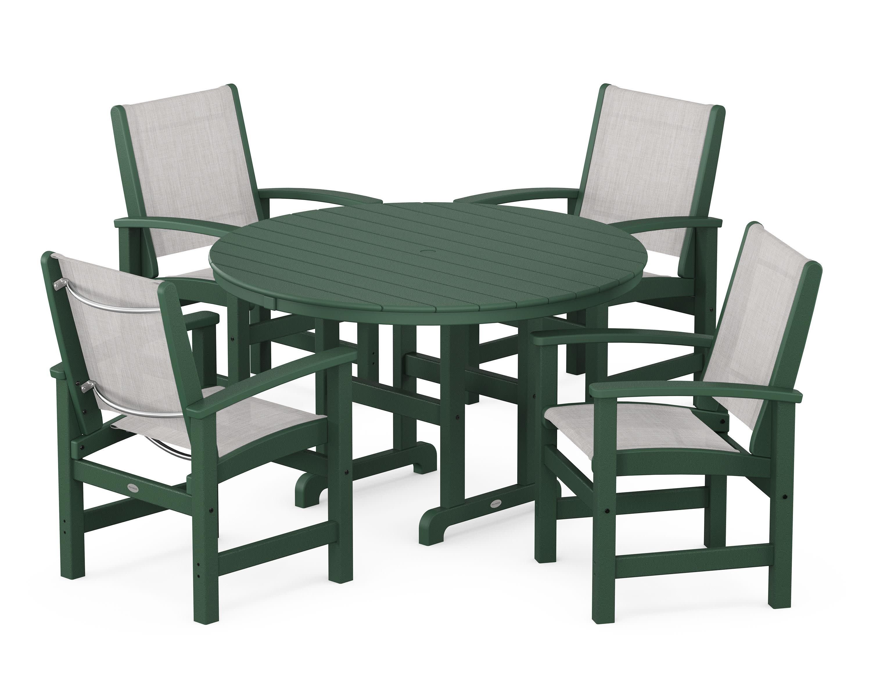 Coastal 5-Piece Round Farmhouse Dining Set in Green / Parchment Sling