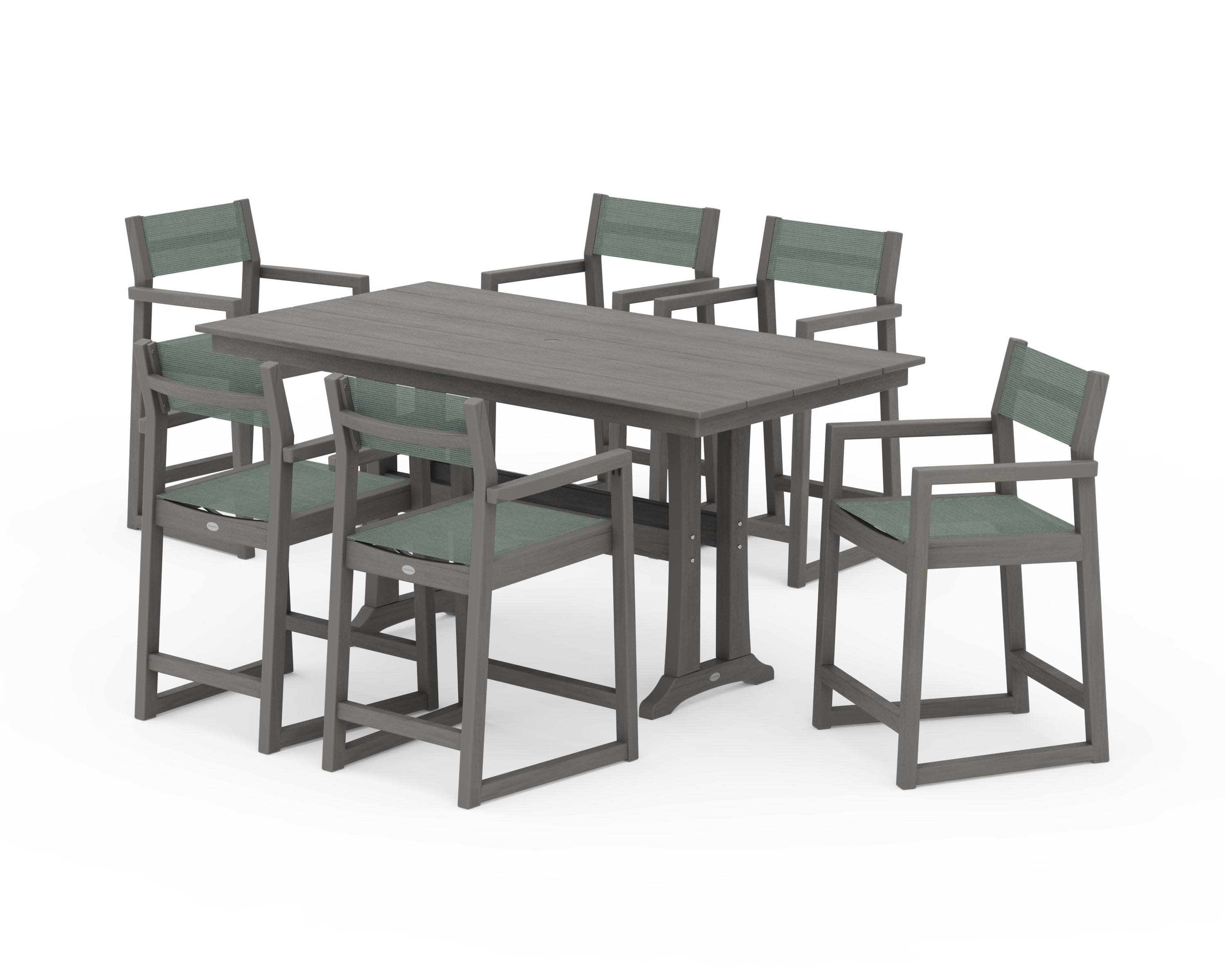 EDGE Sling Arm Chair 7-Piece Farmhouse Counter Set with Trestle Legs in Driftwood / Dupioni Sea Mist Sling