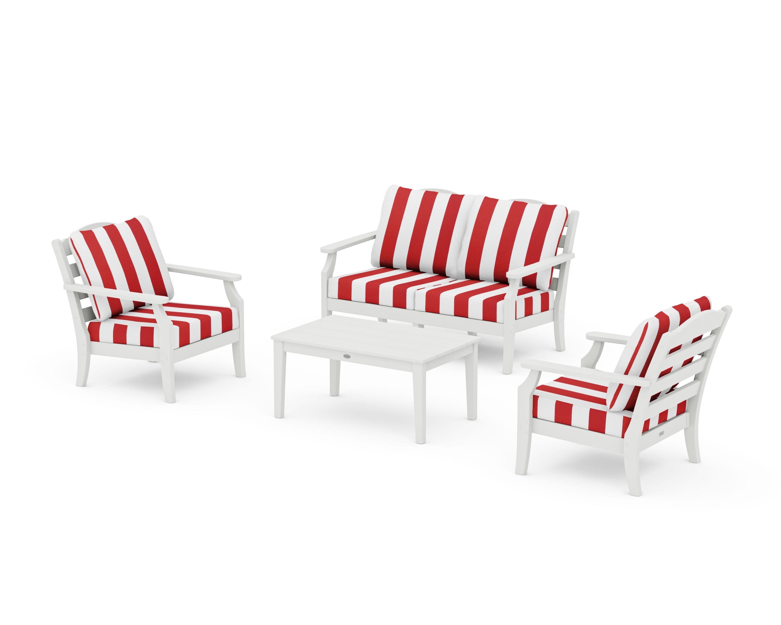 Savannah 4-Piece Deep Seating Set with Loveseat in Vintage White / Cabana Stripe Crimson