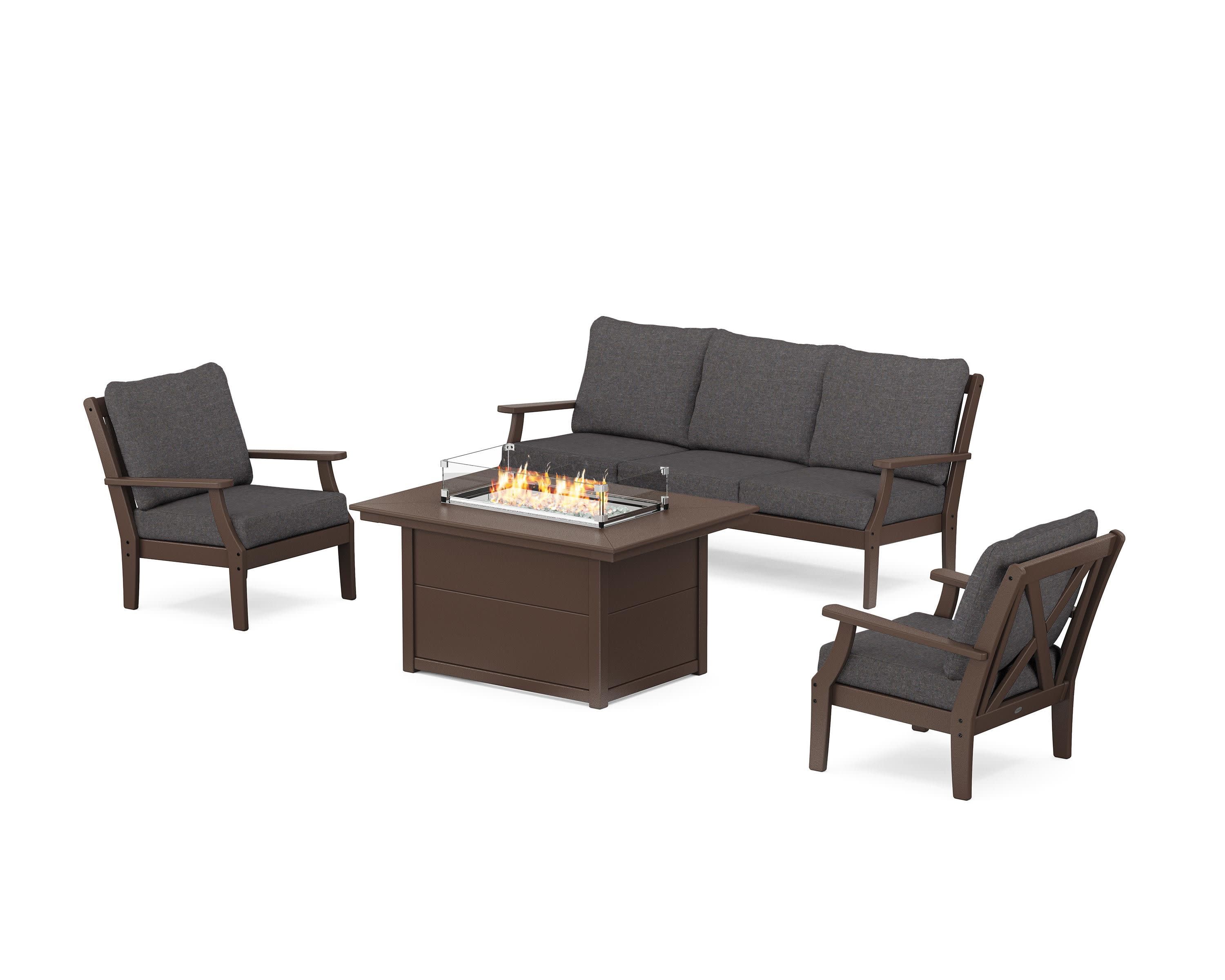 Braxton Deep Seating Fire Pit Table Set in Mahogany / Ash Charcoal