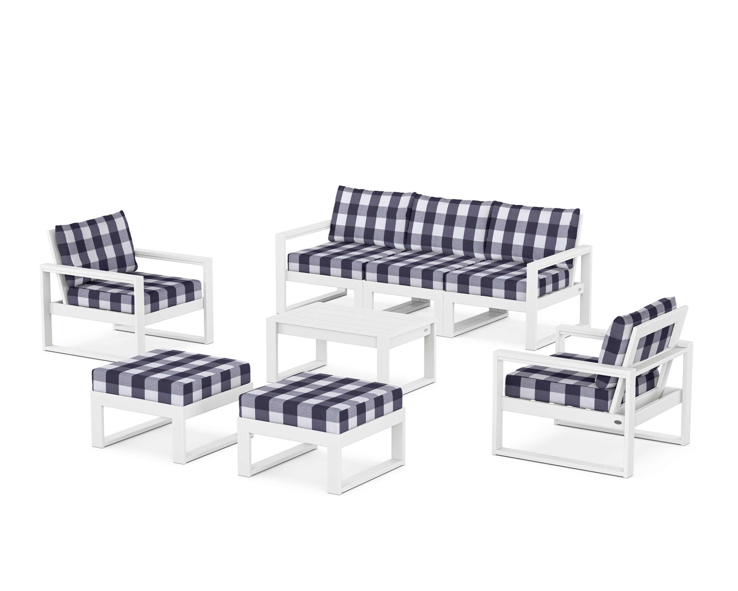 EDGE Sectional 8-Piece Lounge Sofa Set in White / Buffalo Plaid Navy