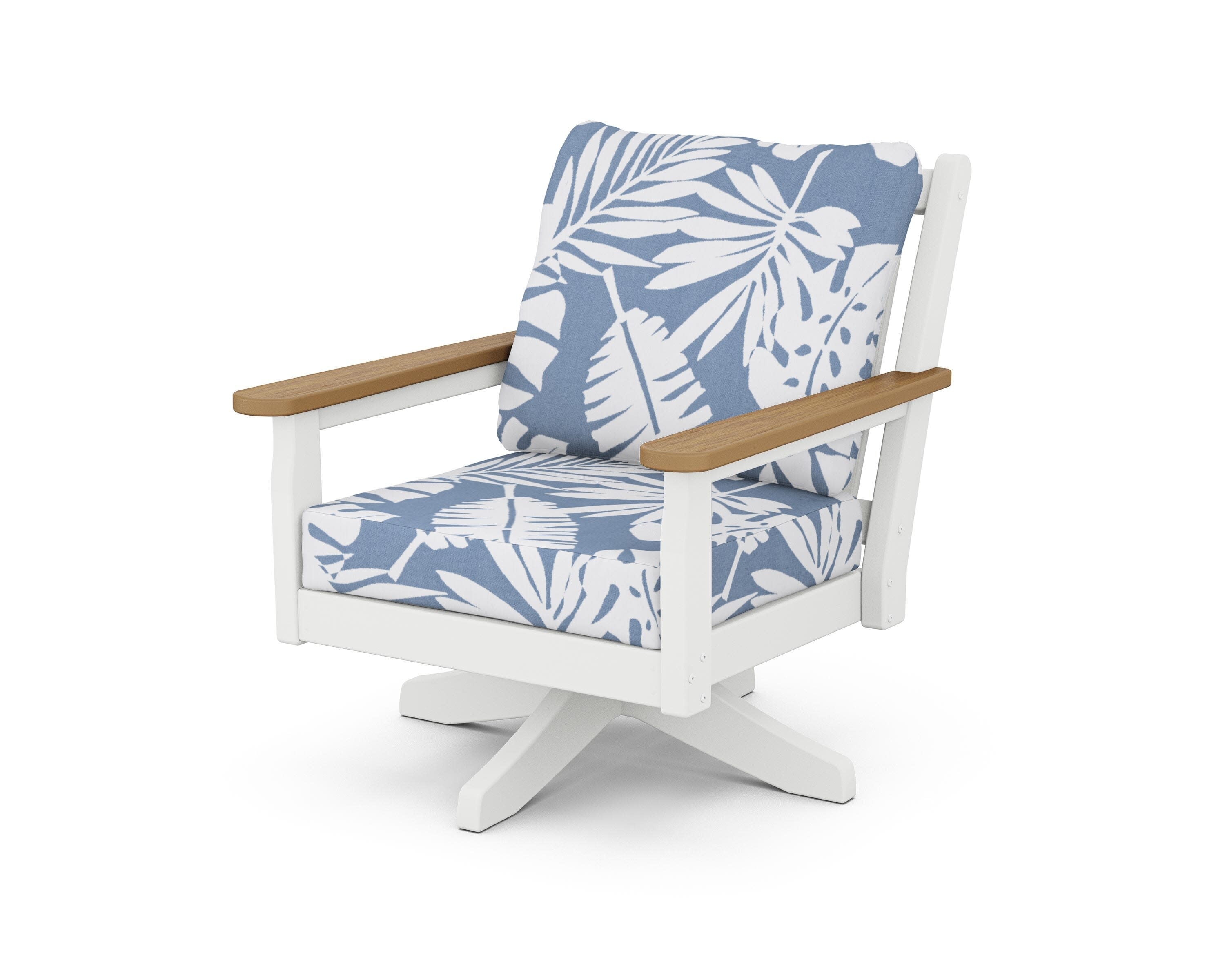 Chippendale Deep Seating Swivel Chair in White / Natural / Leaf Sky Blue
