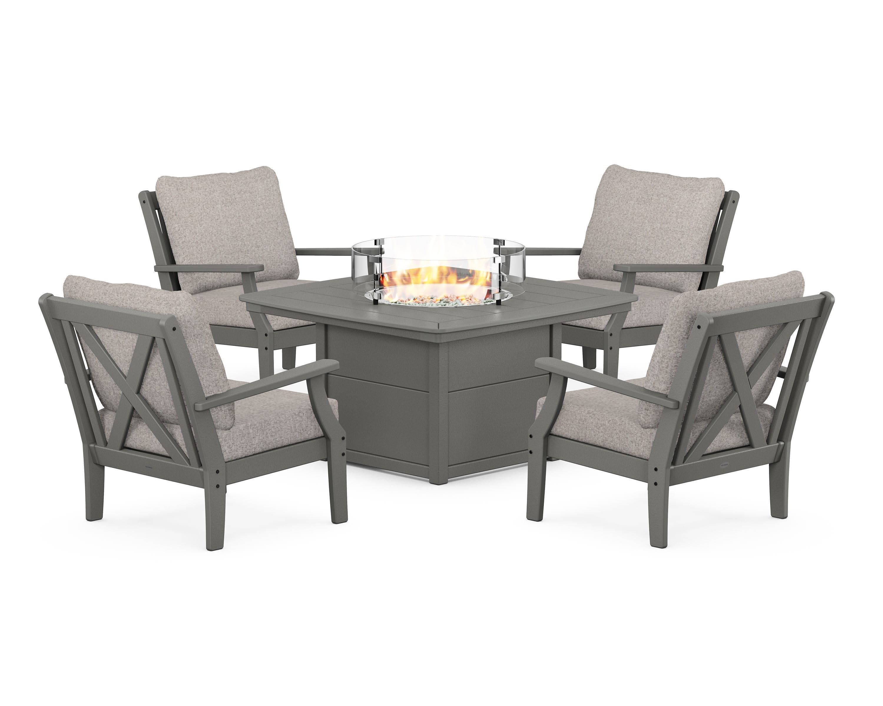Braxton 5-Piece Deep Seating Conversation Set with Fire Pit Table in Slate Grey / Weathered Tweed