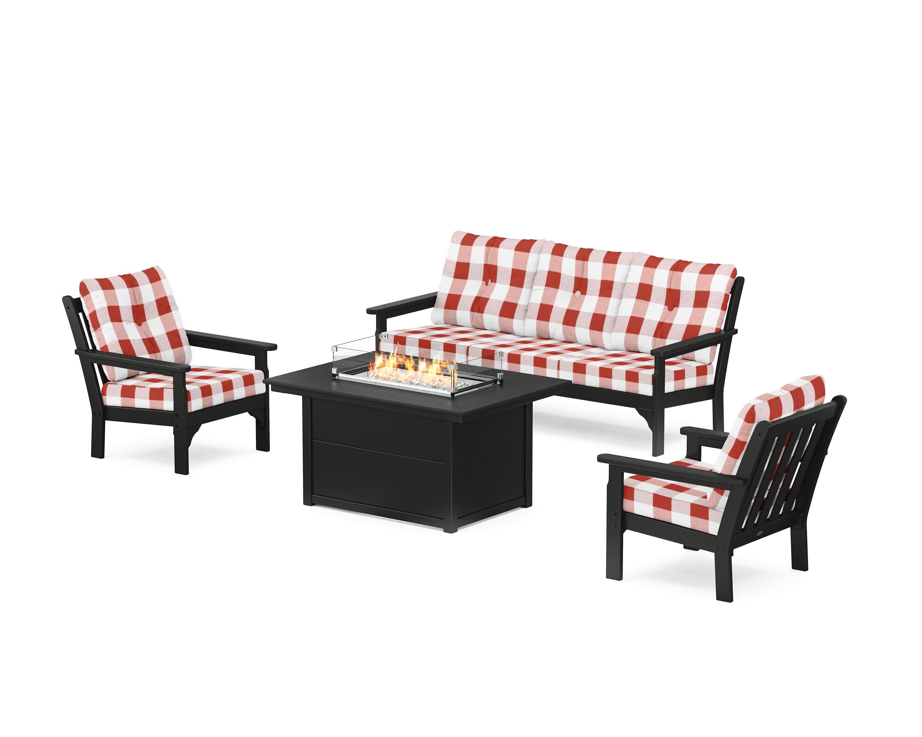Vineyard Deep Seating Fire Pit Table Set in Black / Buffalo Plaid Crimson