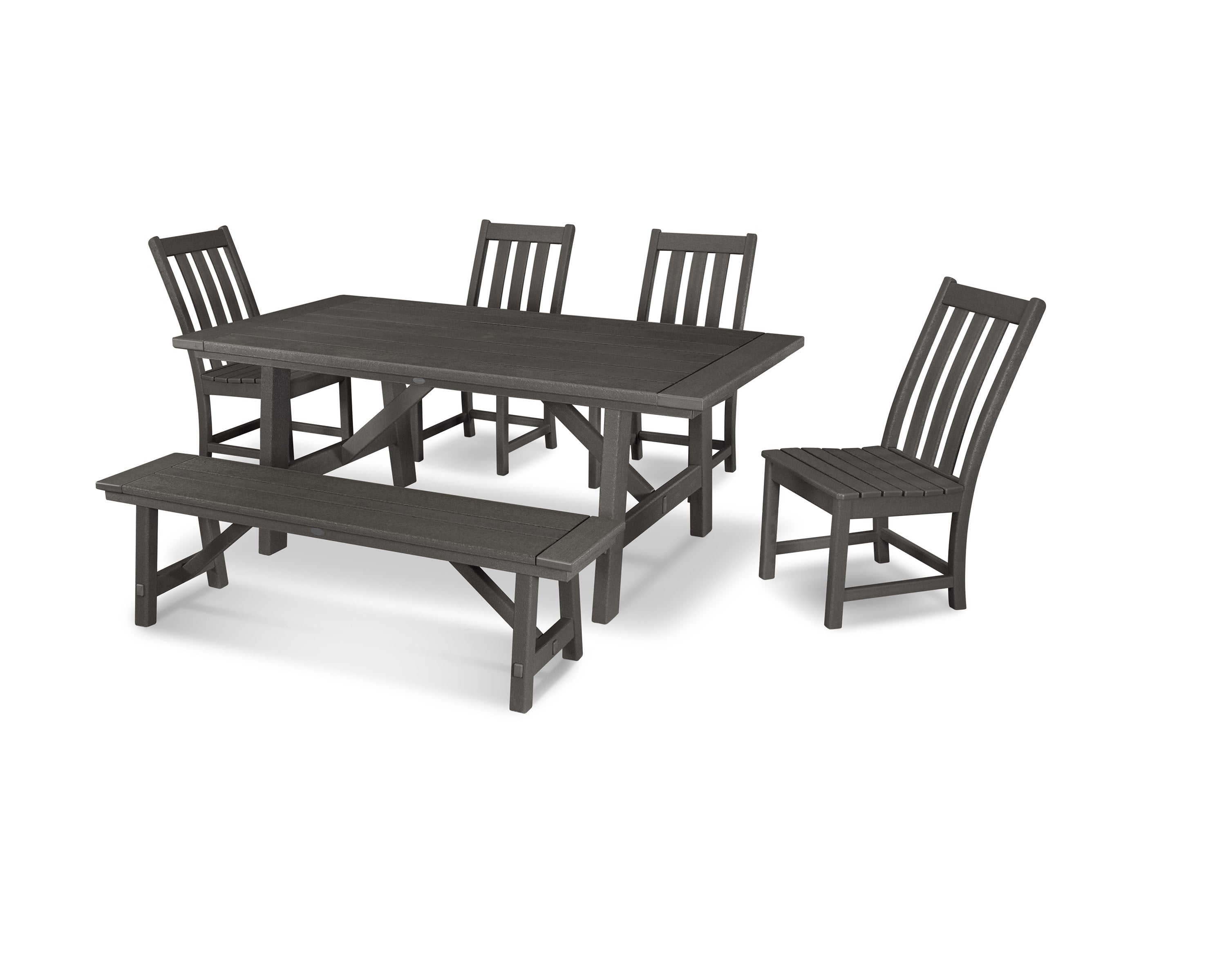Vineyard 6-Piece Rustic Farmhouse Side Chair Dining Set with Bench in Vintage Coffee