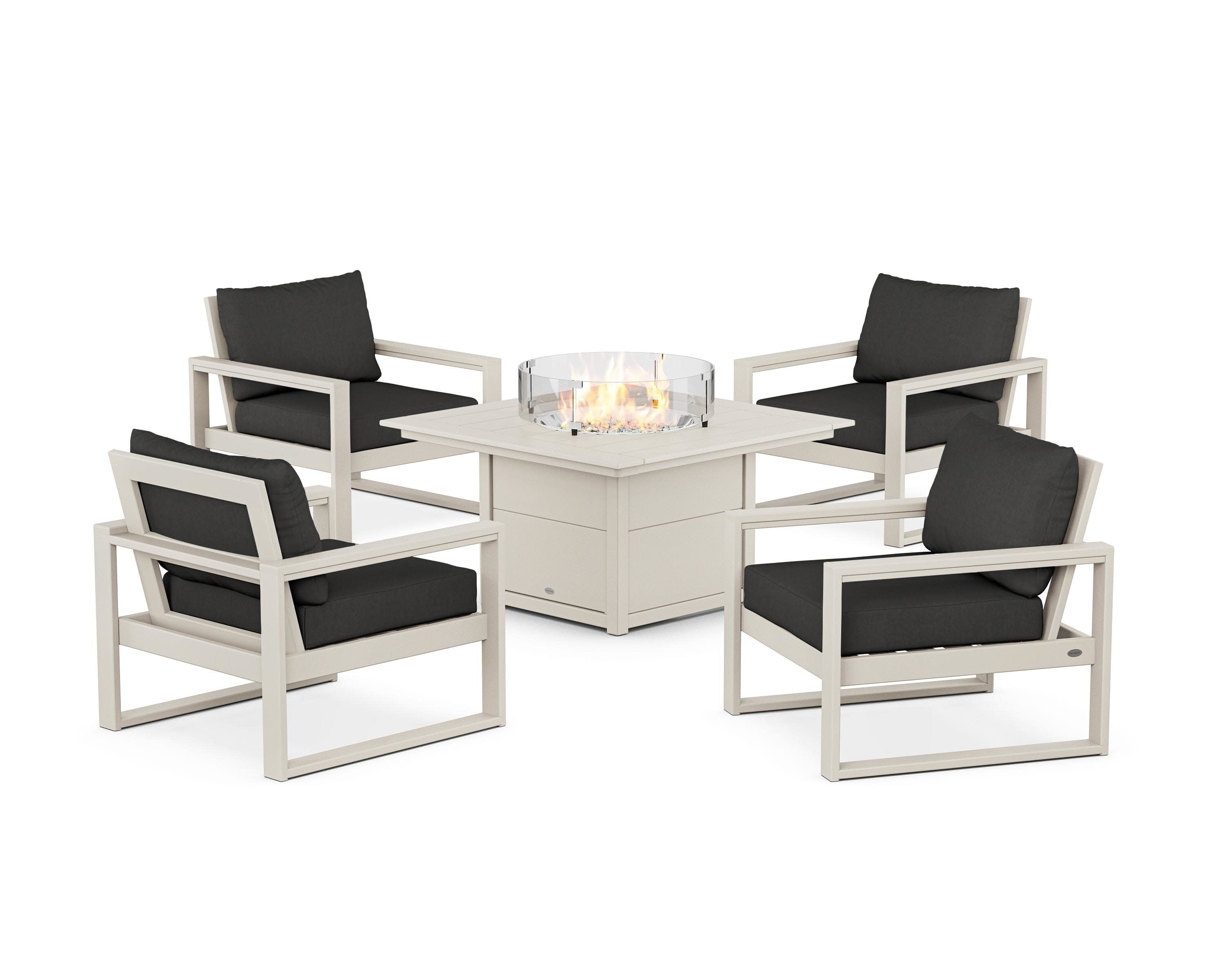 EDGE Sectional 5-Piece Deep Seating Set with Fire Pit Table in Sand / Spectrum Carbon