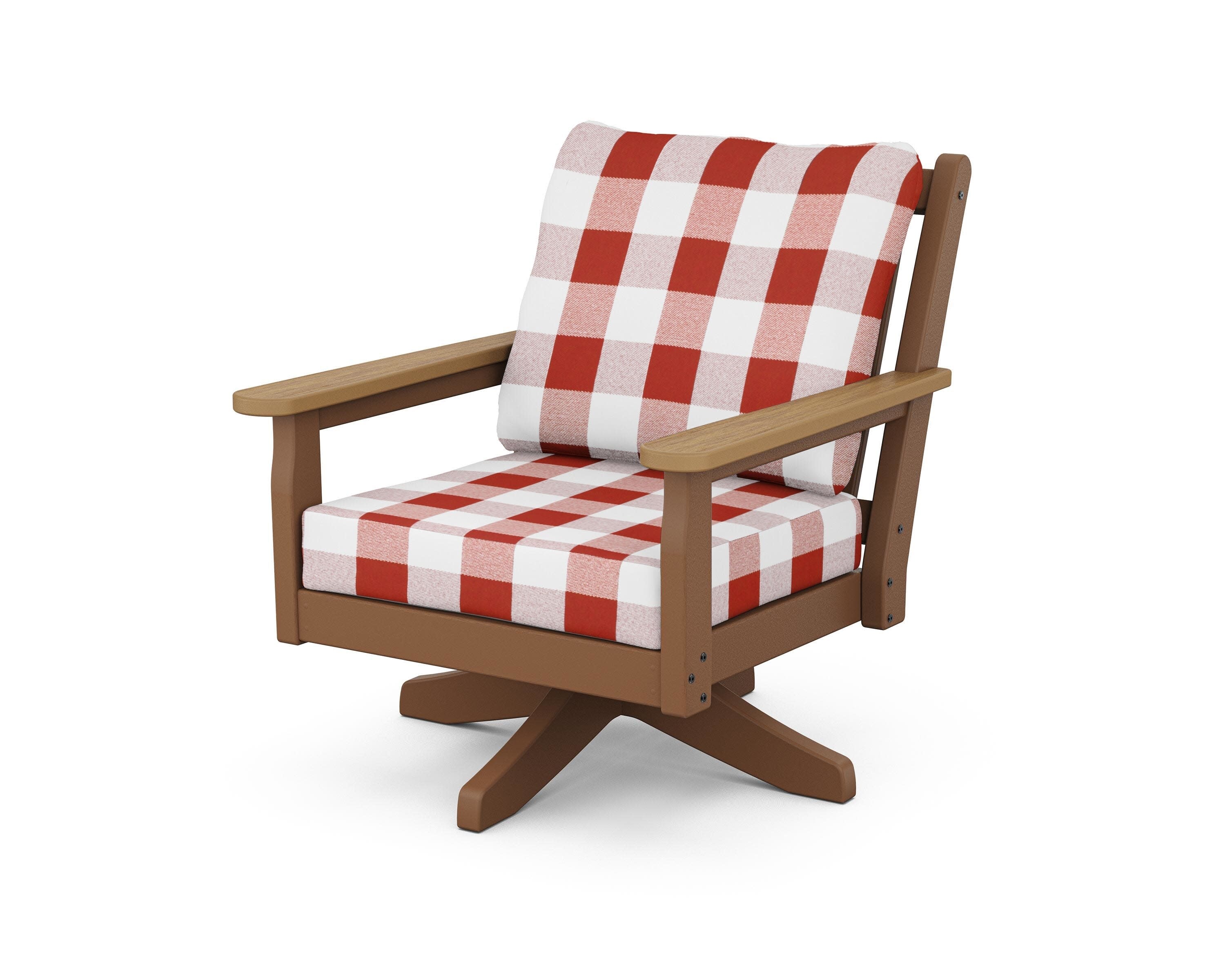 Chippendale Deep Seating Swivel Chair in Teak / Natural / Buffalo Plaid Crimson