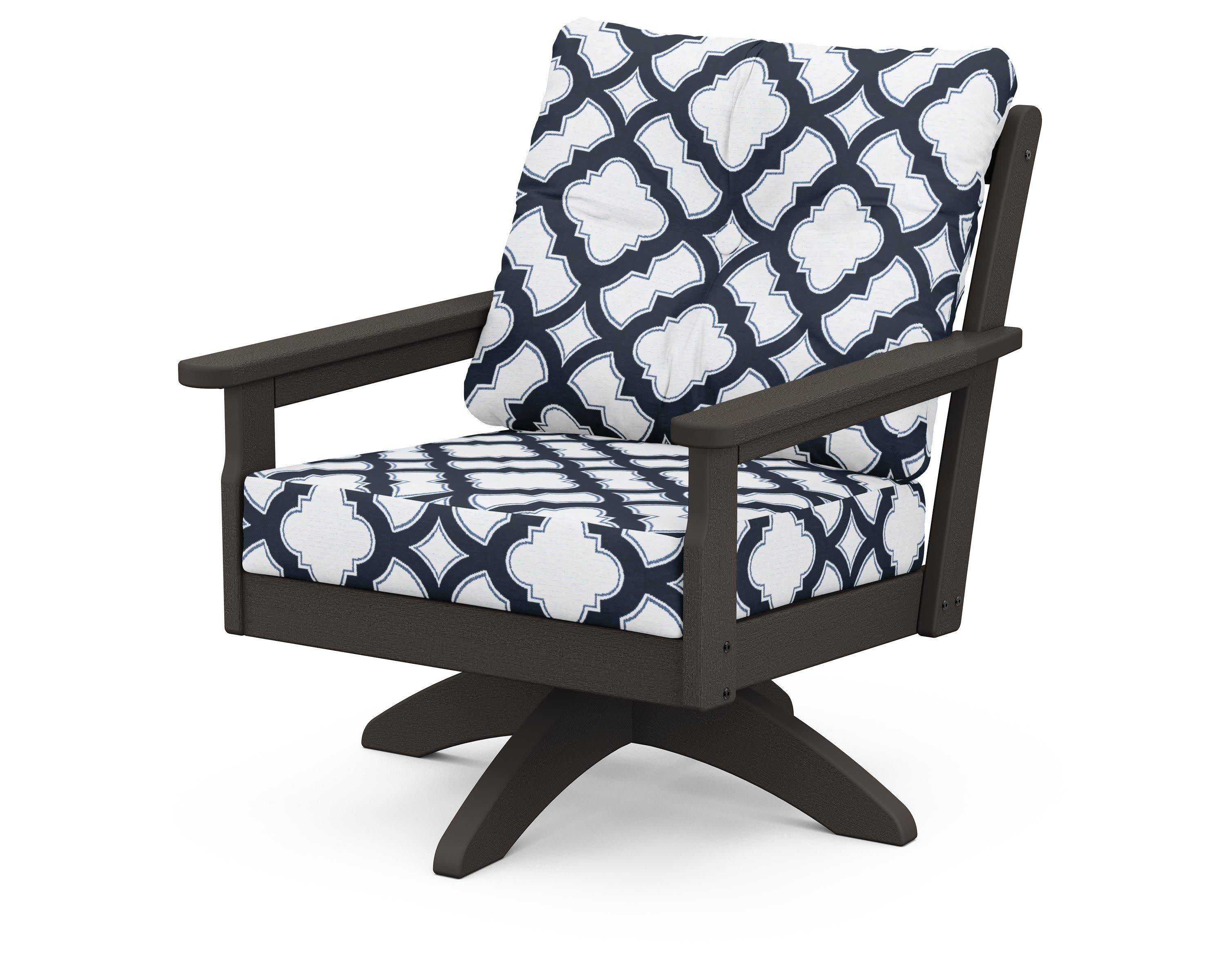Vineyard Deep Seating Swivel Chair in Vintage Coffee / Trellis Marine Indigo