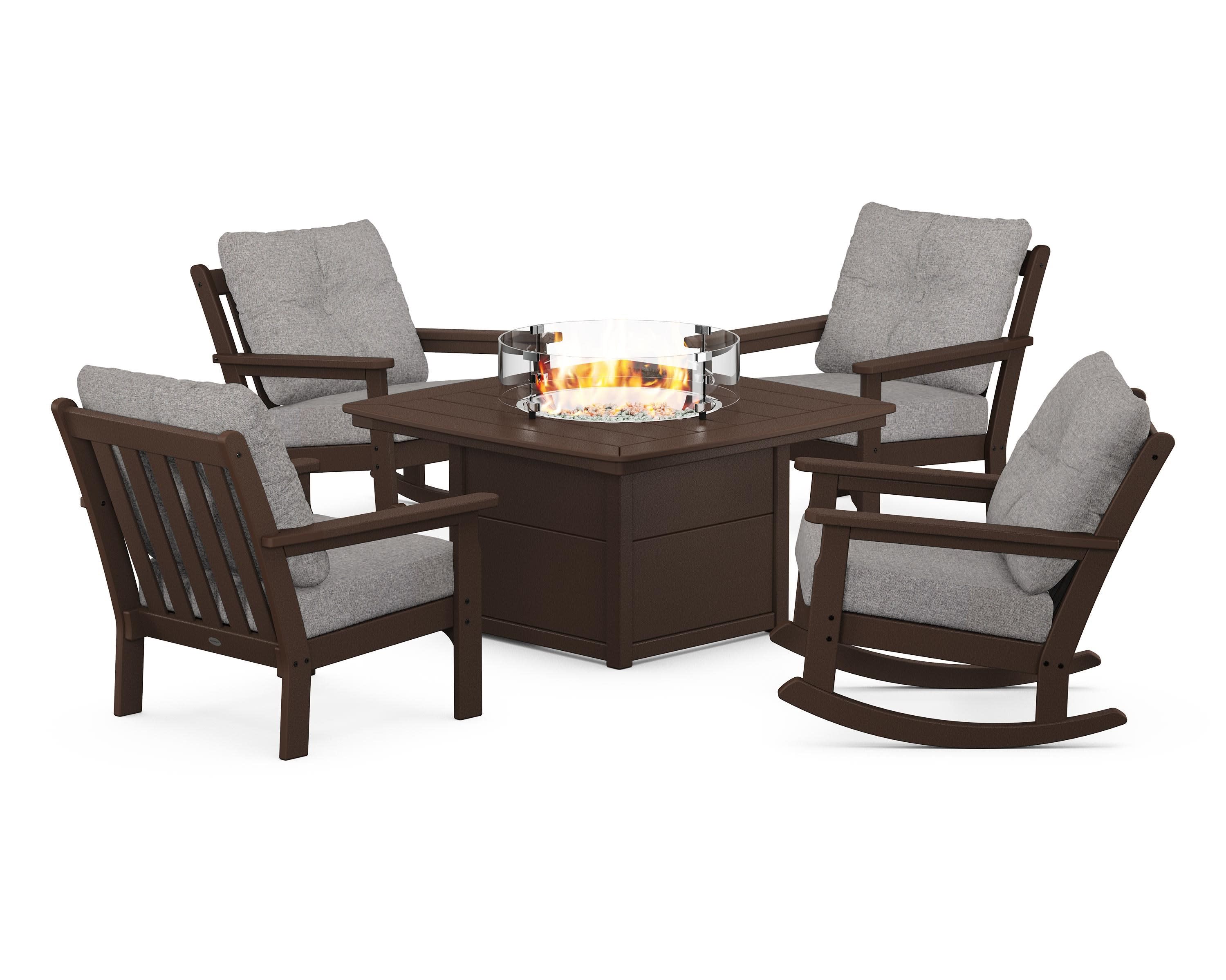 Vineyard 5-Piece Deep Seating Rocking Chair Conversation Set with Fire Pit Table in Mahogany / Grey Mist