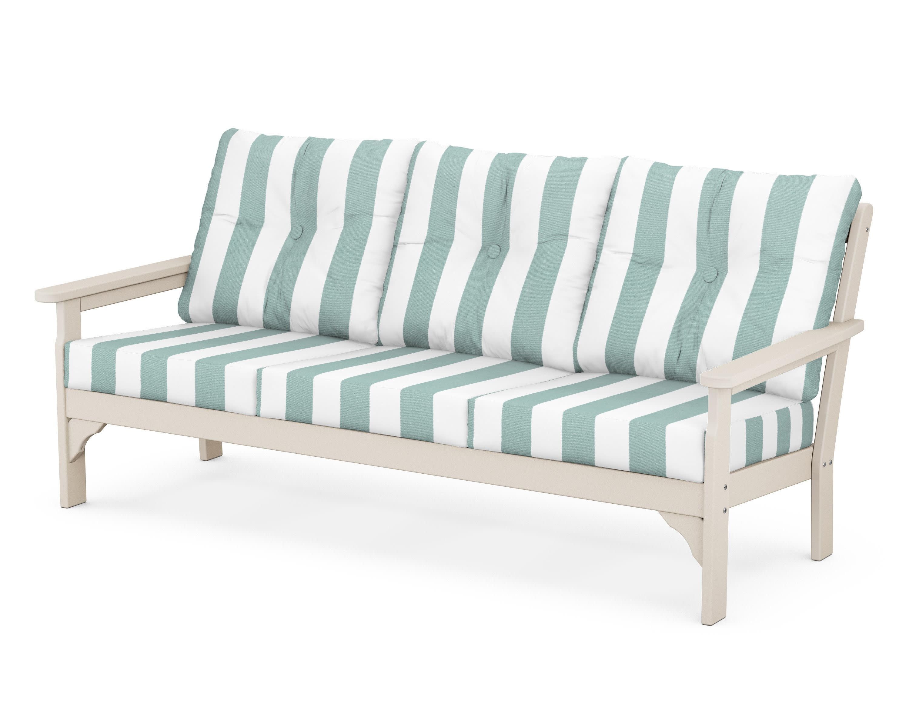 Vineyard Deep Seating Sofa in Sand / Cabana Stripe Glacier Spa