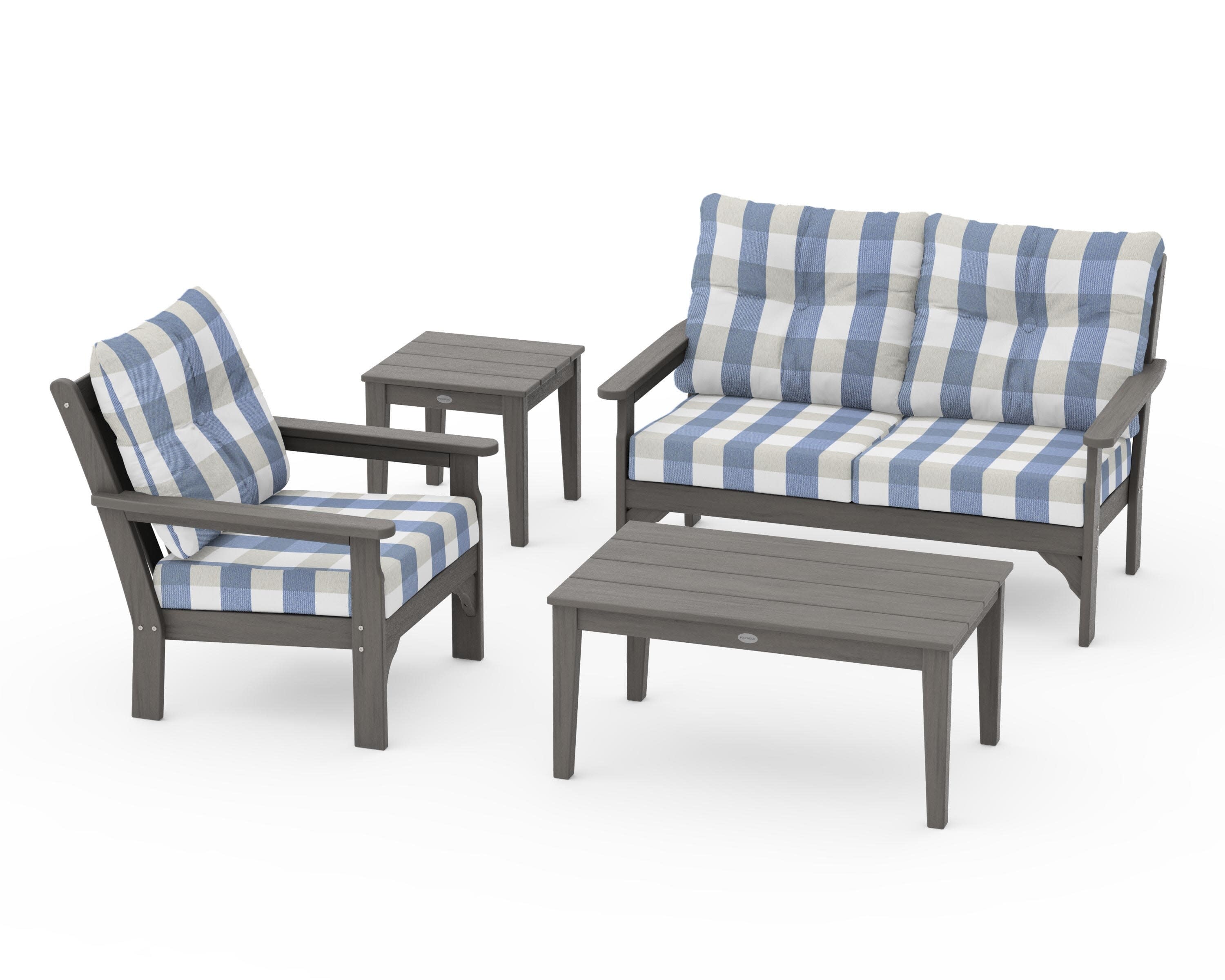 Vineyard 4-Piece Deep Seating Set in Driftwood / Buffalo Plaid Sky Blue
