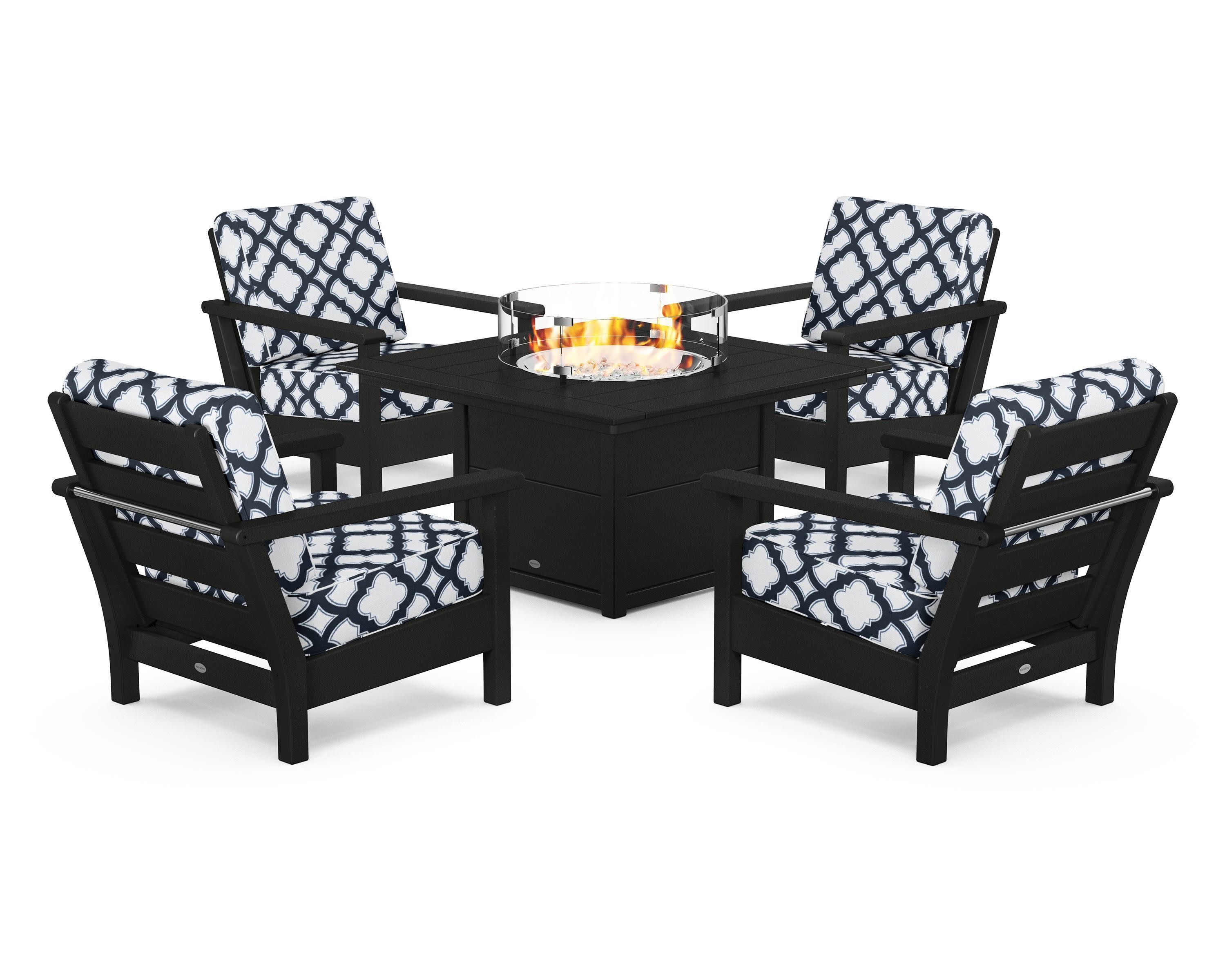 Harbour 5-Piece Conversation Set with Fire Pit Table in Black / Trellis Marine Indigo