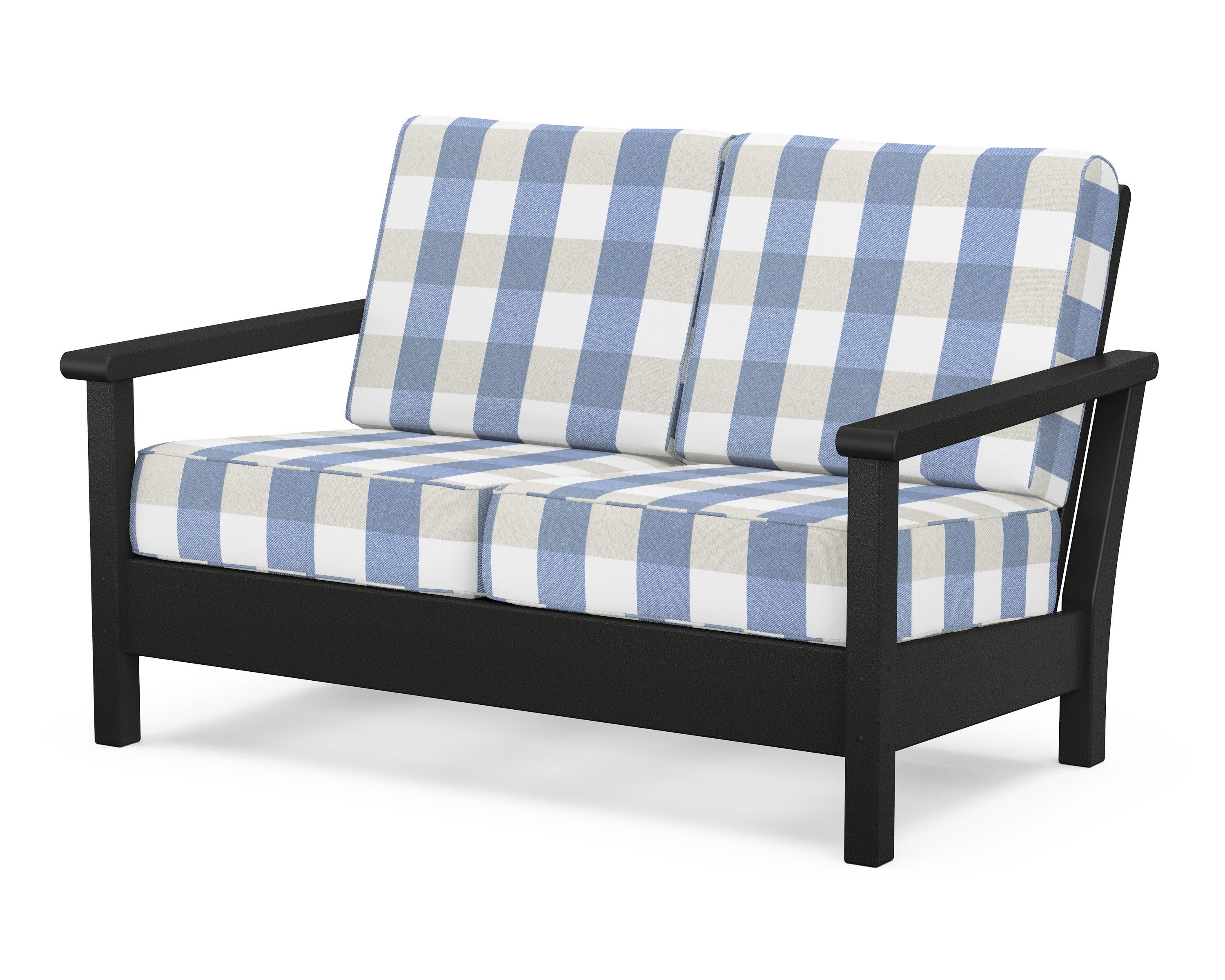 Harbour Deep Seating Loveseat in Black / Buffalo Plaid Sky Blue
