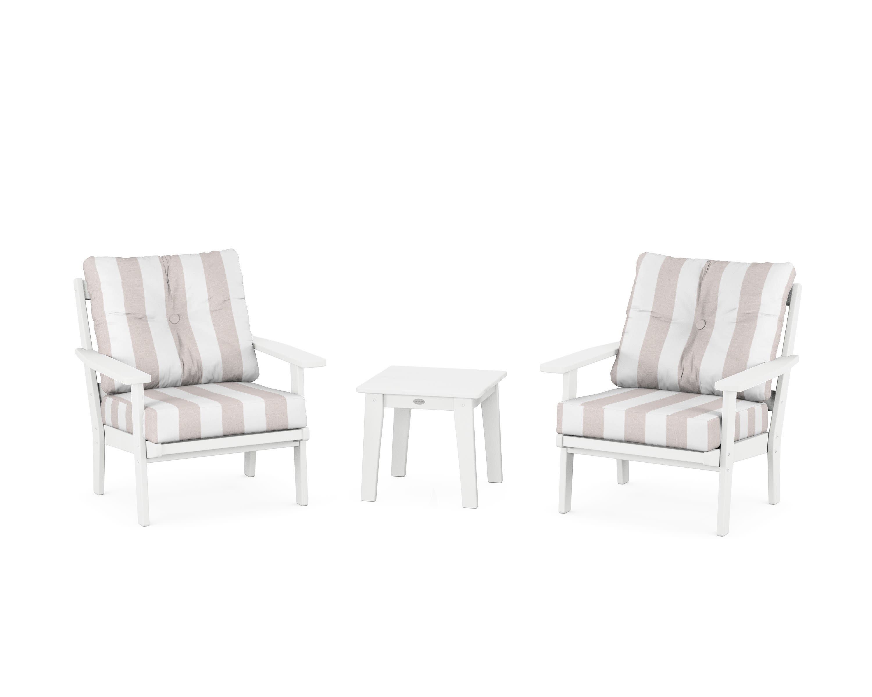 Oxford 3-Piece Deep Seating Set in White / Cabana Stripe Dune Burlap