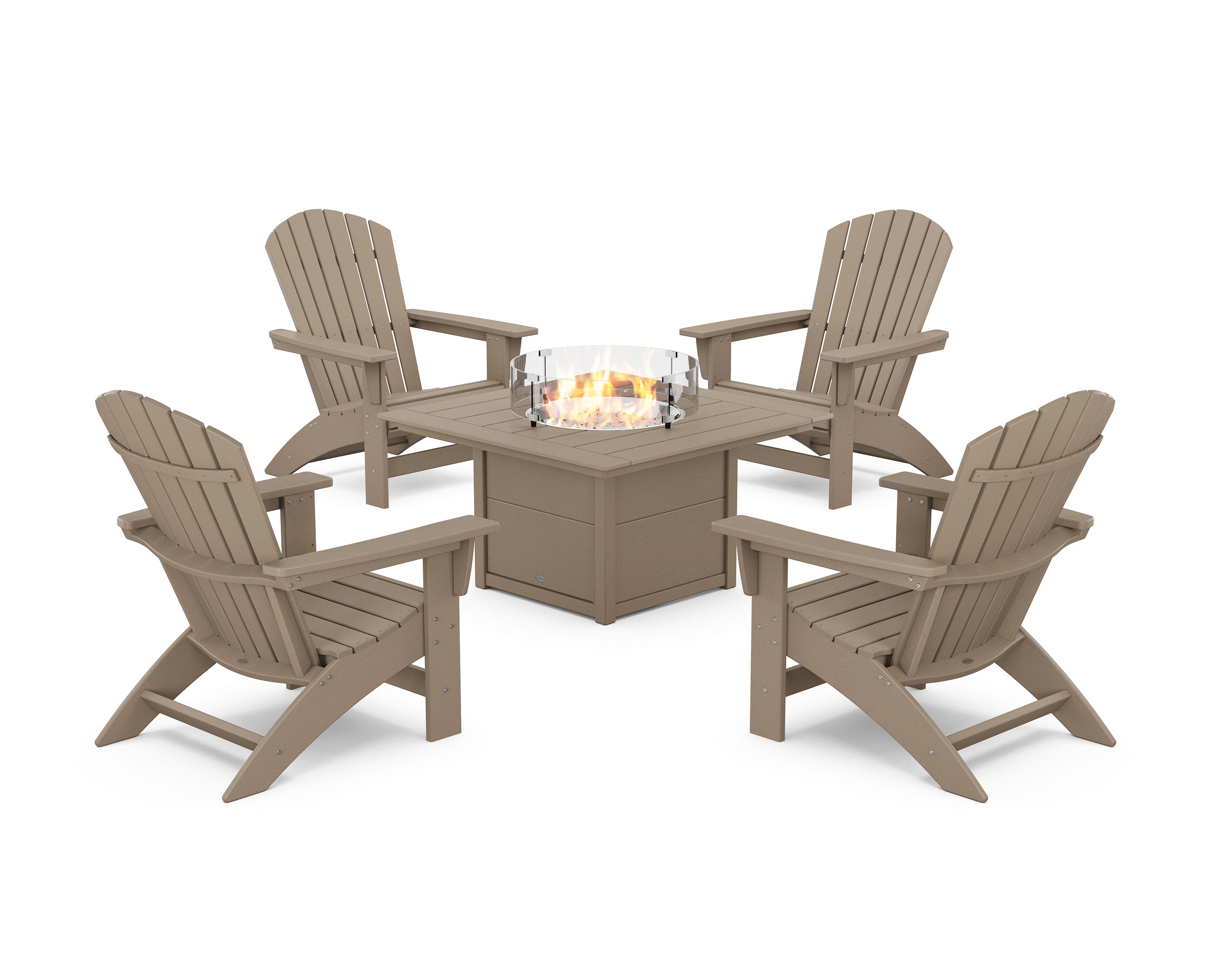 5-Piece Nautical Grand Adirondack Conversation Set with Fire Pit Table in Vintage Sahara