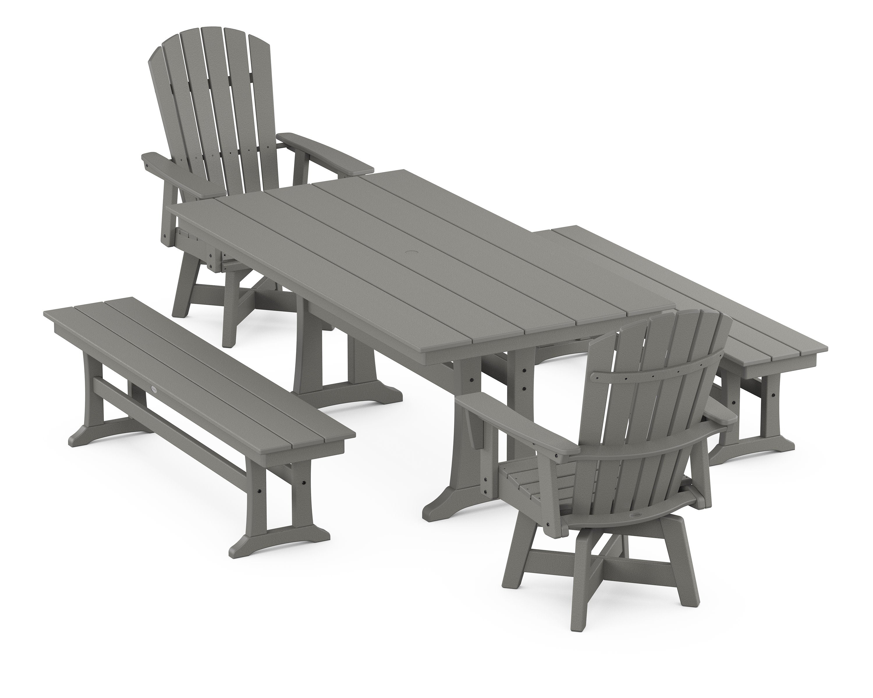 Nautical Curveback Adirondack Swivel Chair 5-Piece Farmhouse Dining Set With Trestle Legs and Benches in Slate Grey