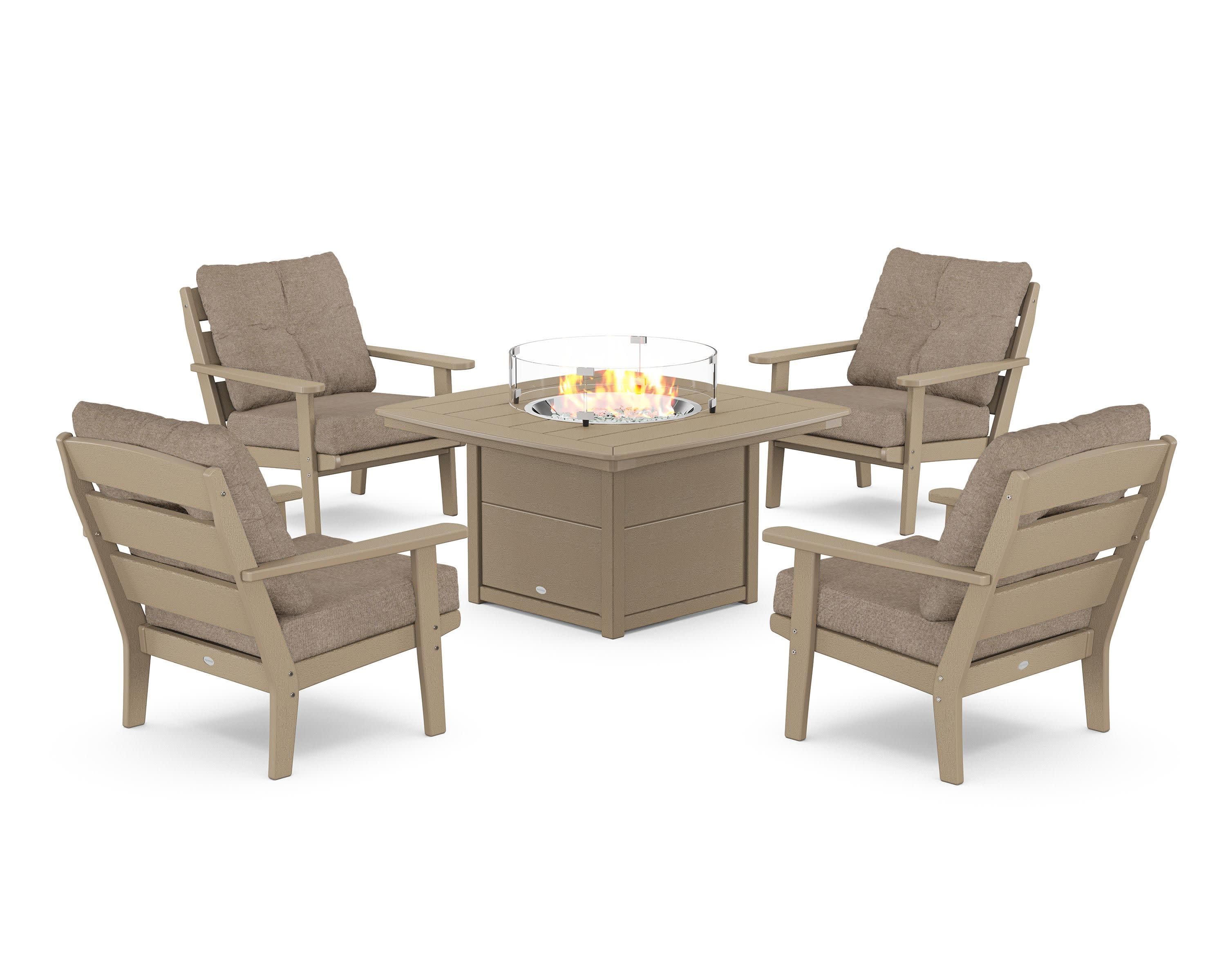 Lakeside 5-Piece Deep Seating Set with Nautical Fire Pit Table in Vintage Sahara / Spiced Burlap