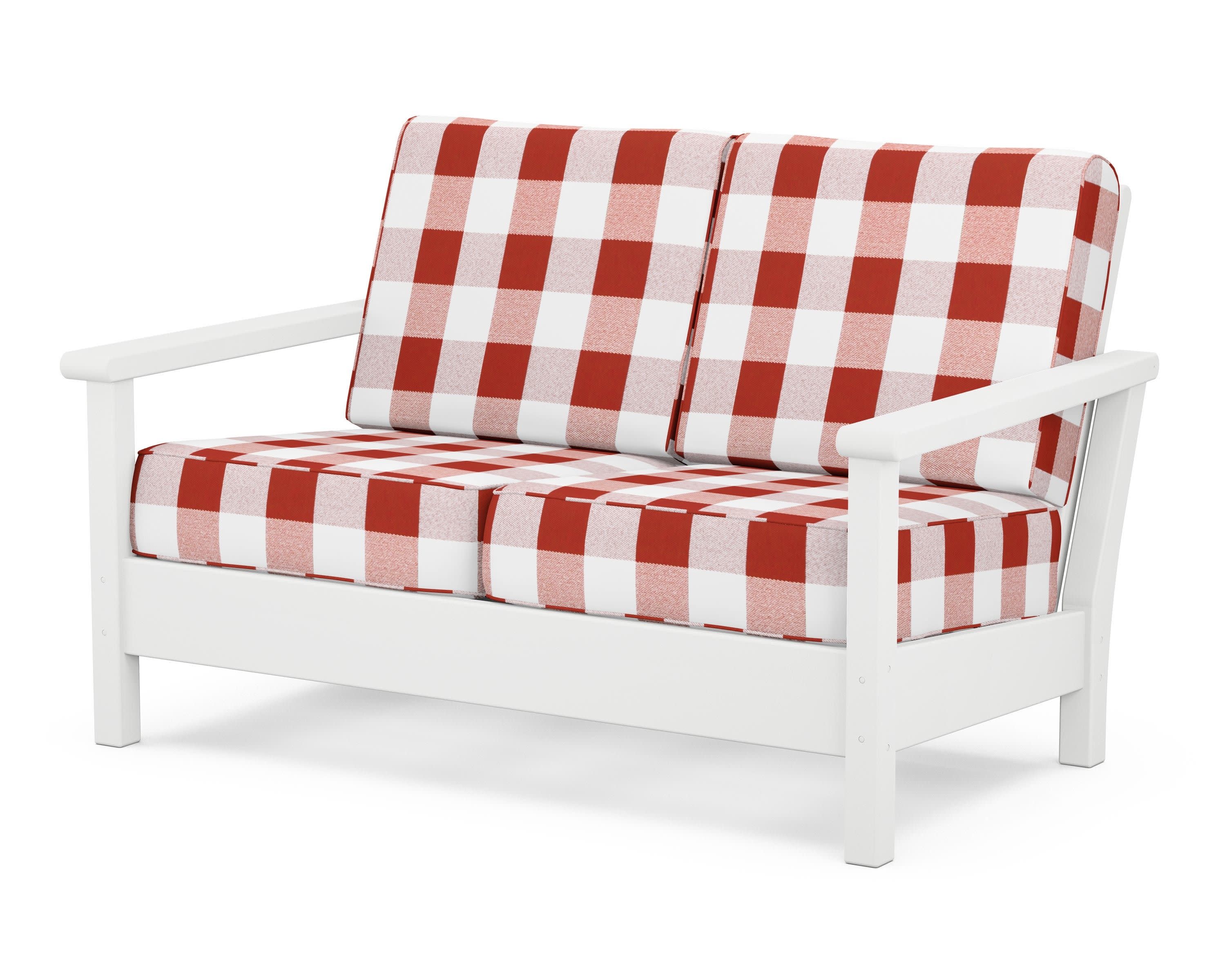 Harbour Deep Seating Loveseat in White / Buffalo Plaid Crimson