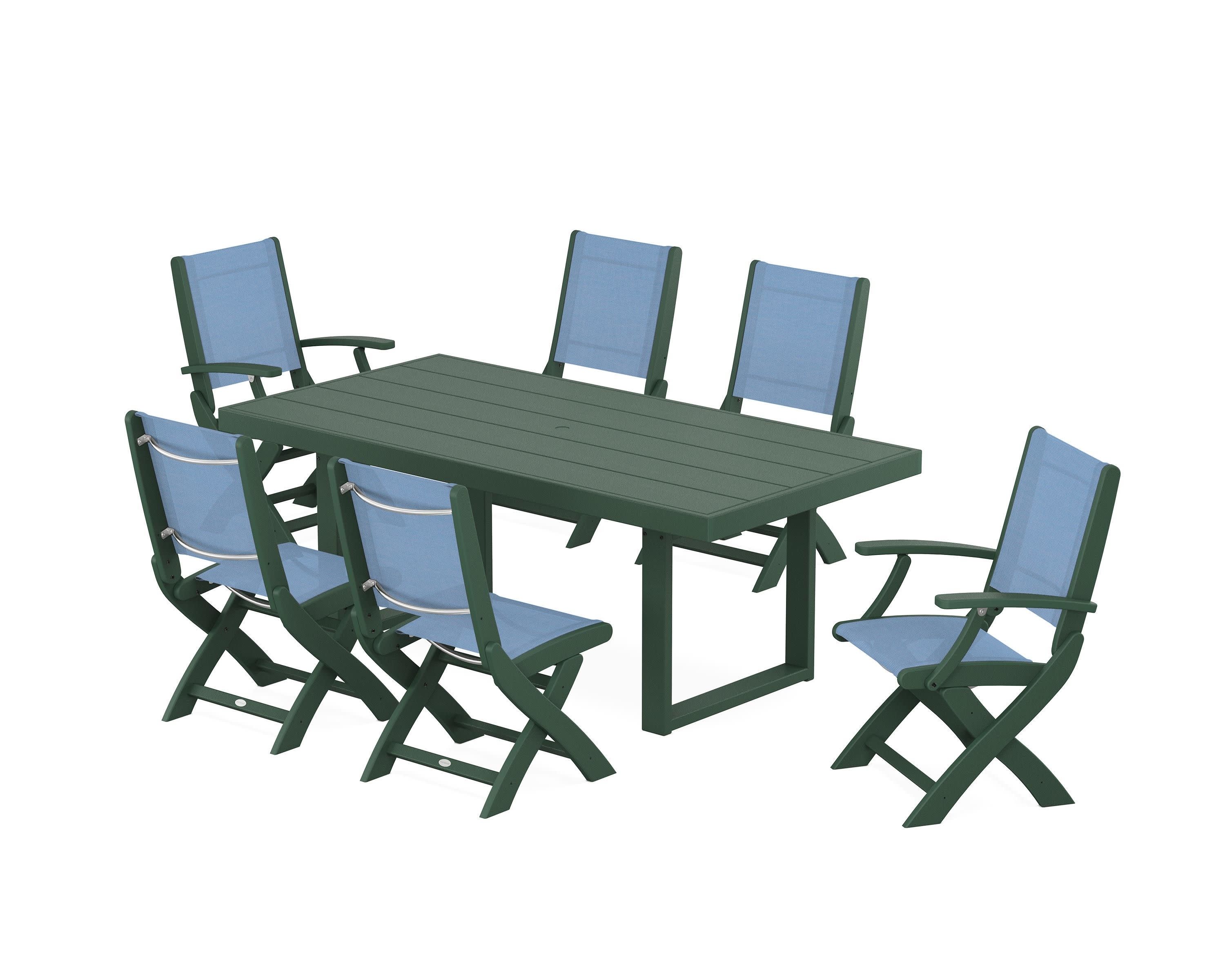 Coastal Folding Chair 7-Piece Dining Set with Trestle Legs in Green / Poolside Sling