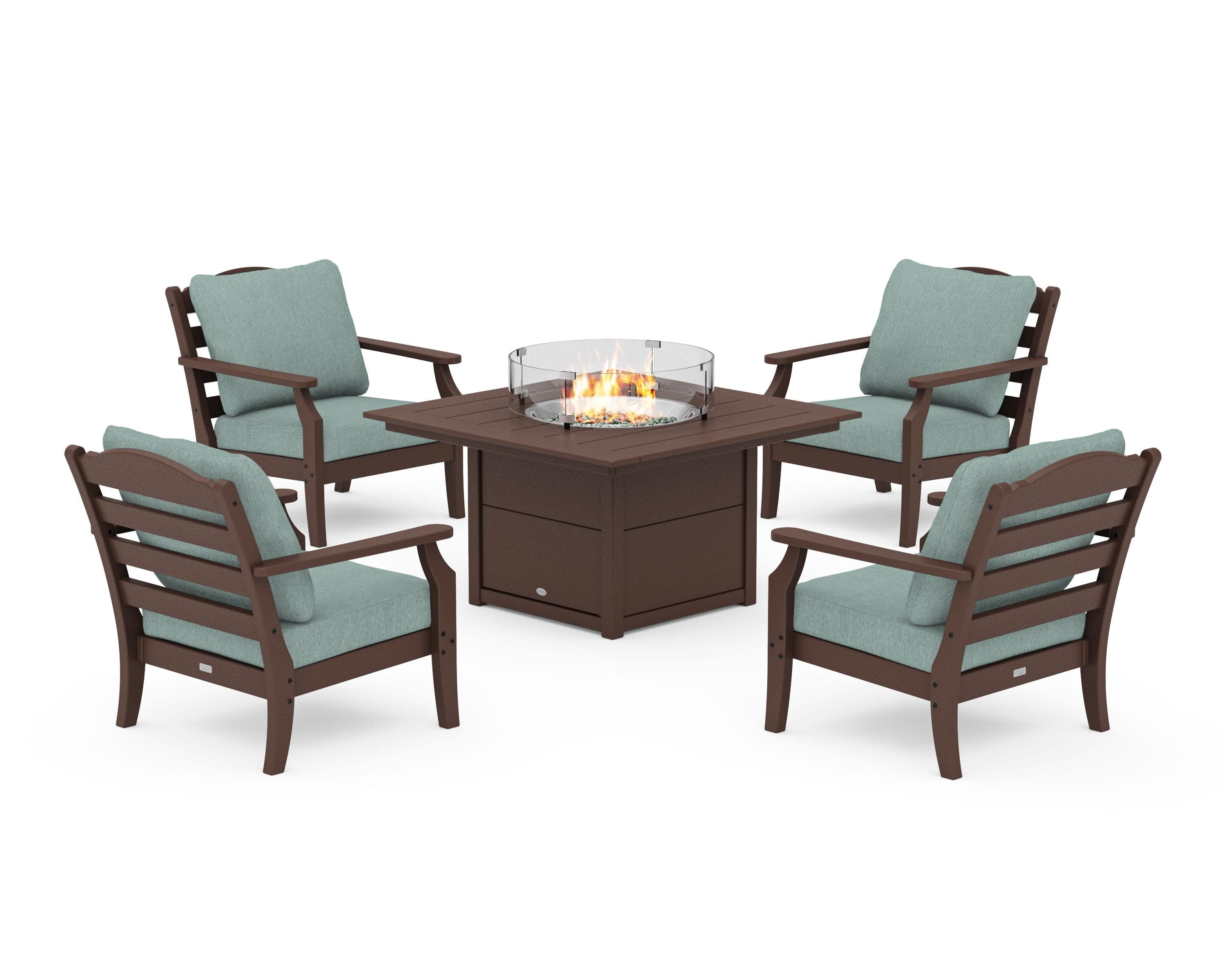 Savannah 5-Piece Deep Seating Set with Fire Pit Table in Mahogany / Glacier Spa