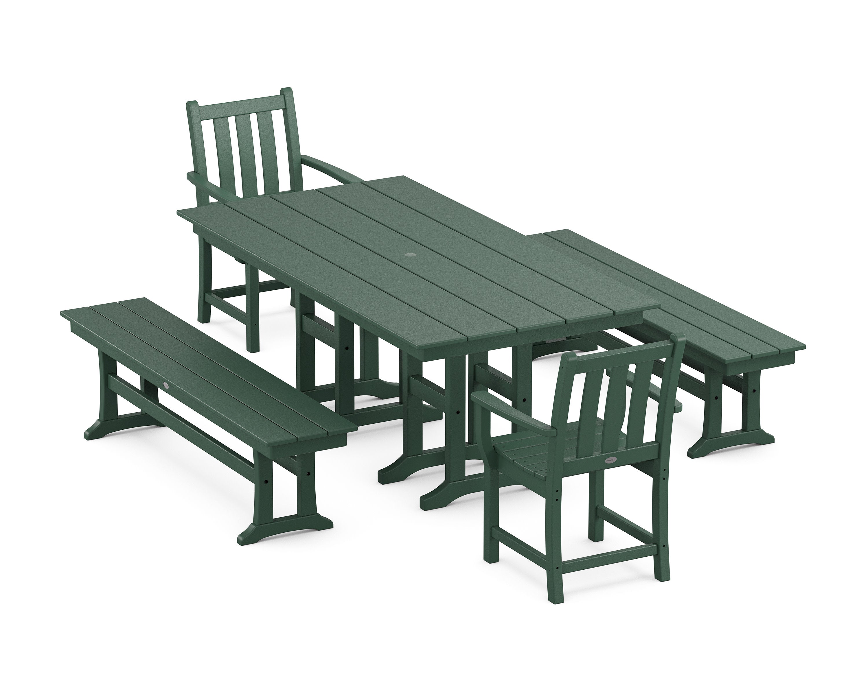 Traditional Garden 5-Piece Farmhouse Dining Set with Benches in Green