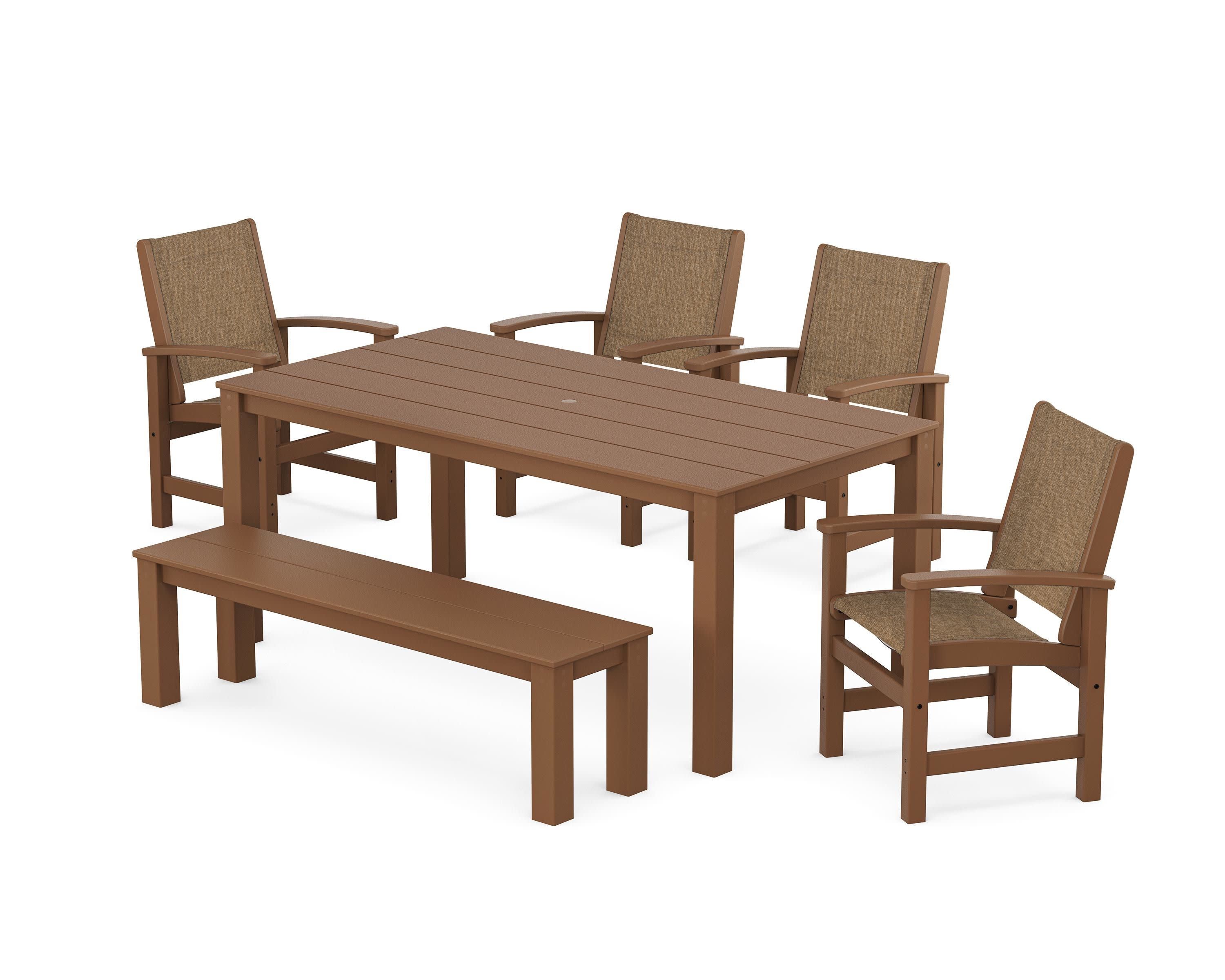 Coastal 6-Piece Parsons Dining Set with Bench in Teak / Burlap Sling