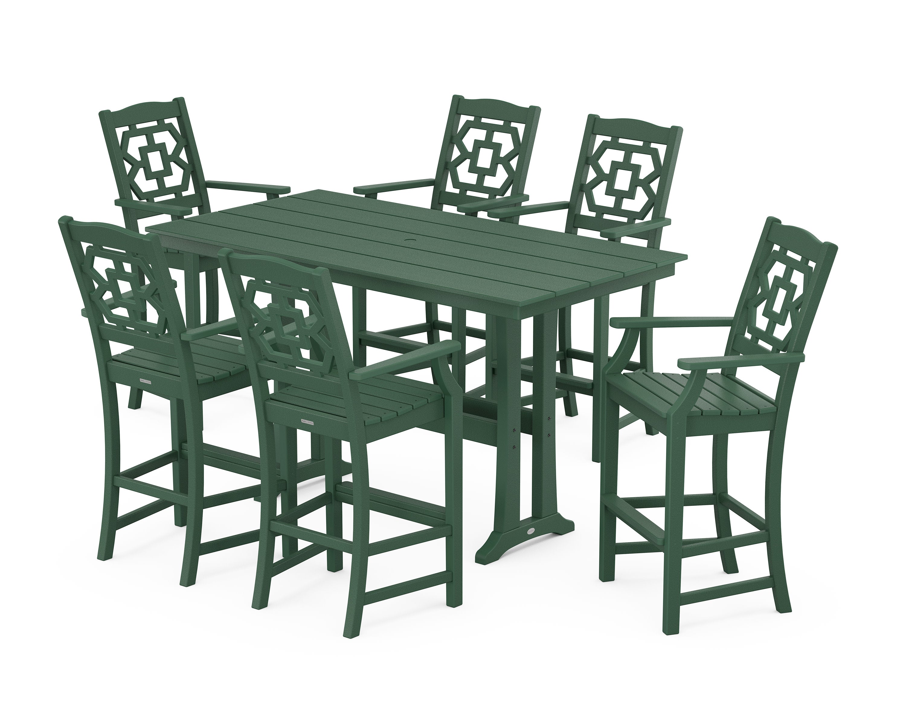 Chinoiserie Arm Chair 7-Piece Farmhouse Bar Set with Trestle Legs in Green