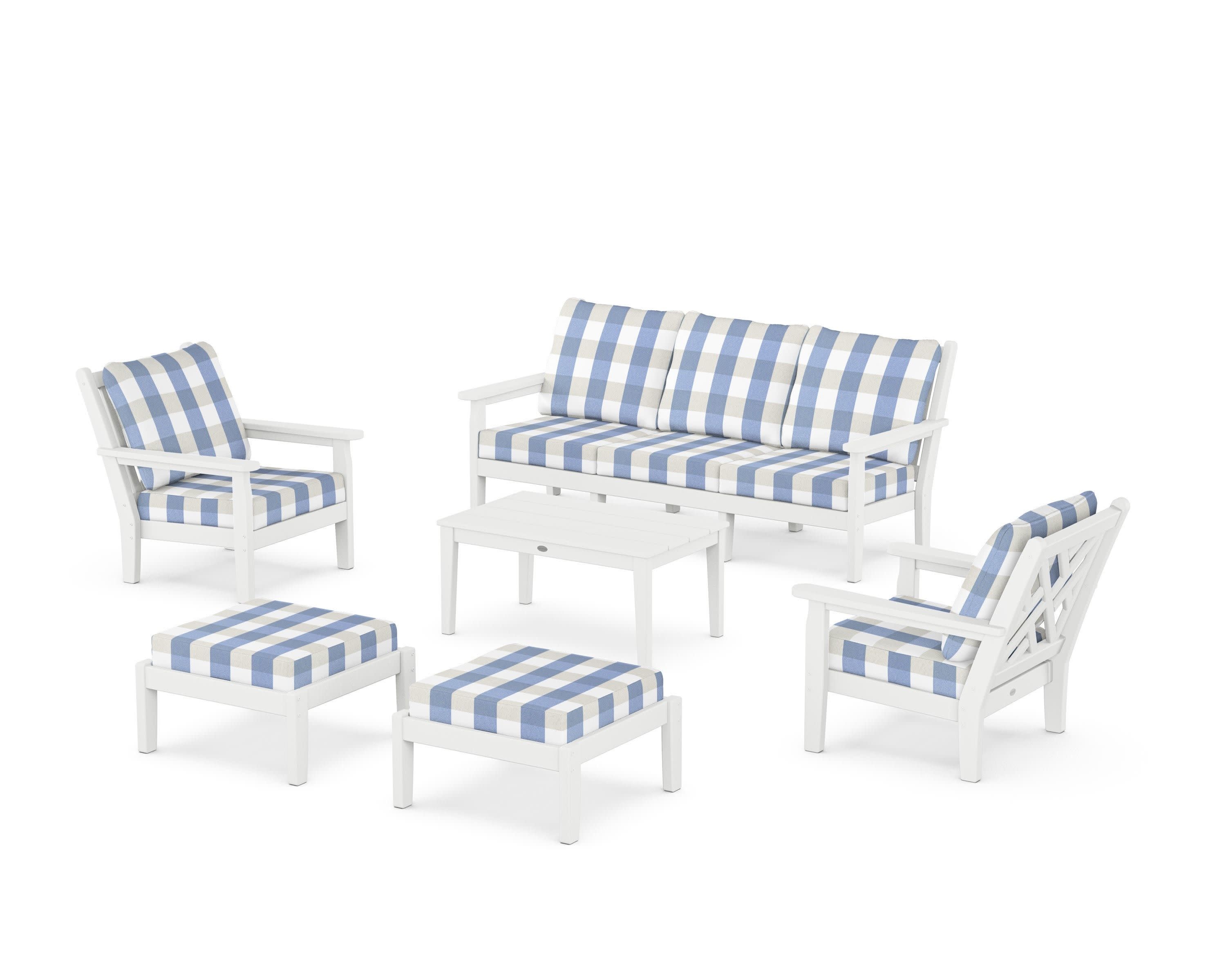 Chippendale 6-Piece Lounge Sofa Set in White / Buffalo Plaid Sky Blue