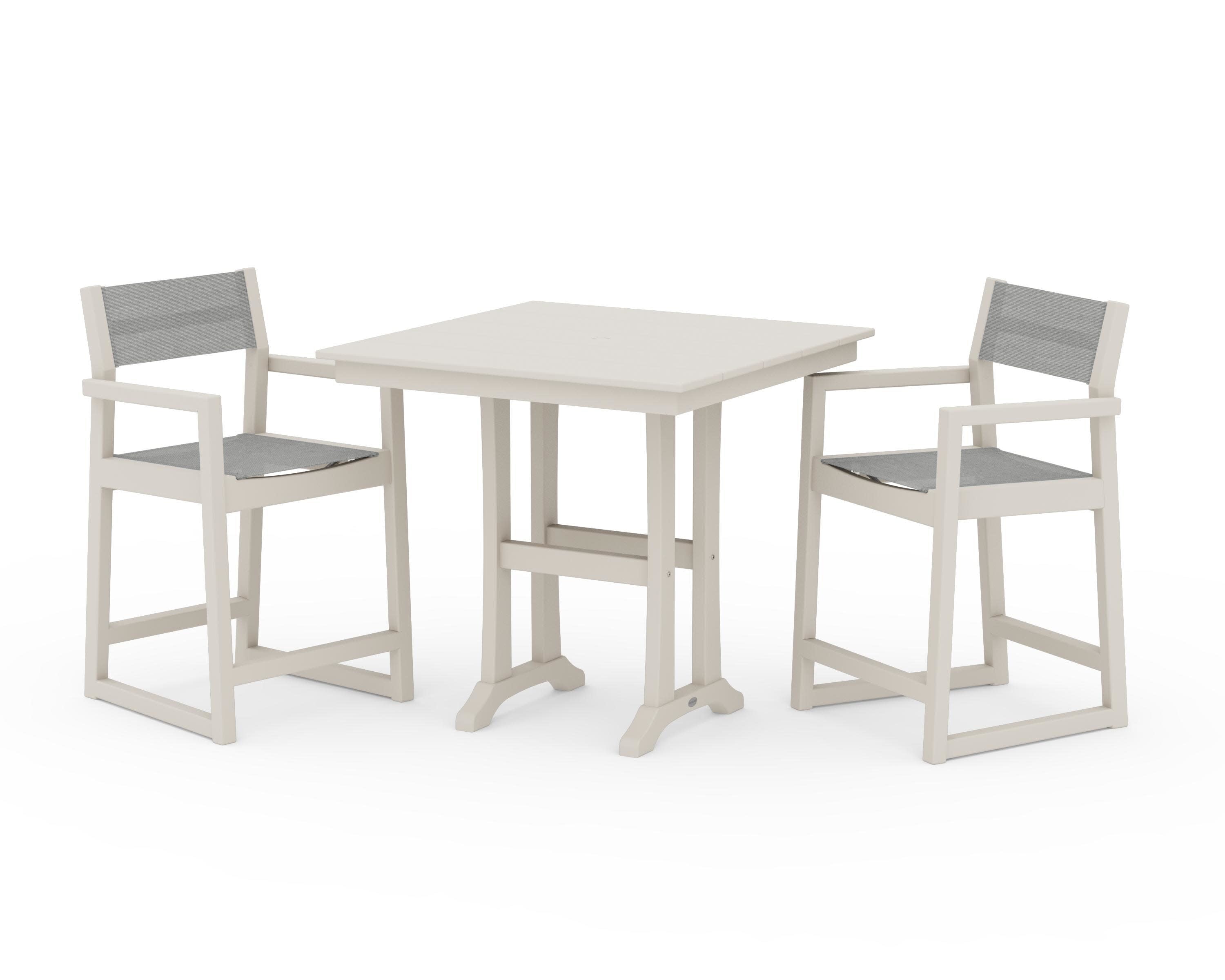 EDGE Sling Arm Chair 3-Piece Farmhouse Counter Set with Trestle Legs in Sand / Metallic Sling