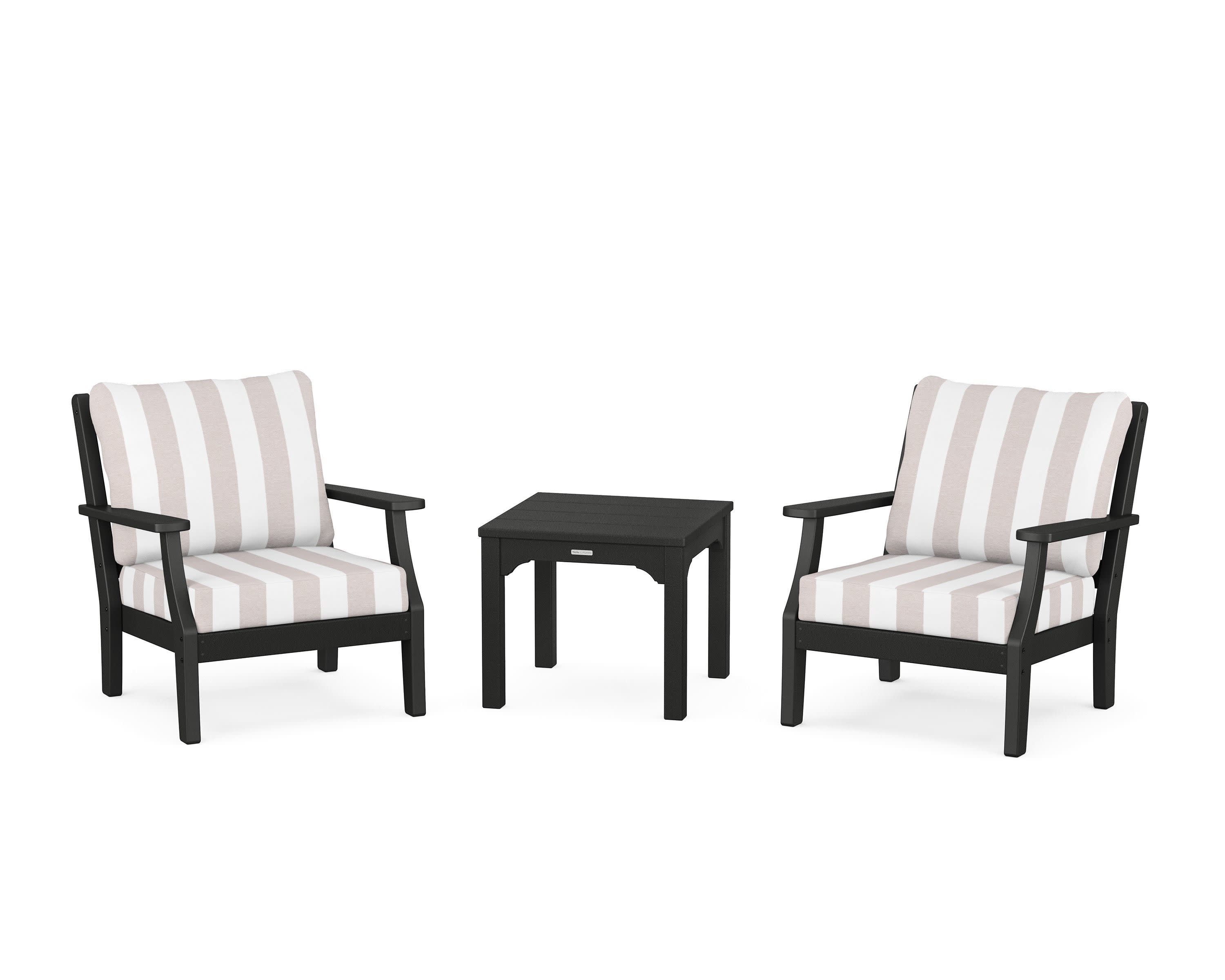 Chinoiserie 3-Piece Deep Seating Set in Black / Cabana Stripe Dune Burlap