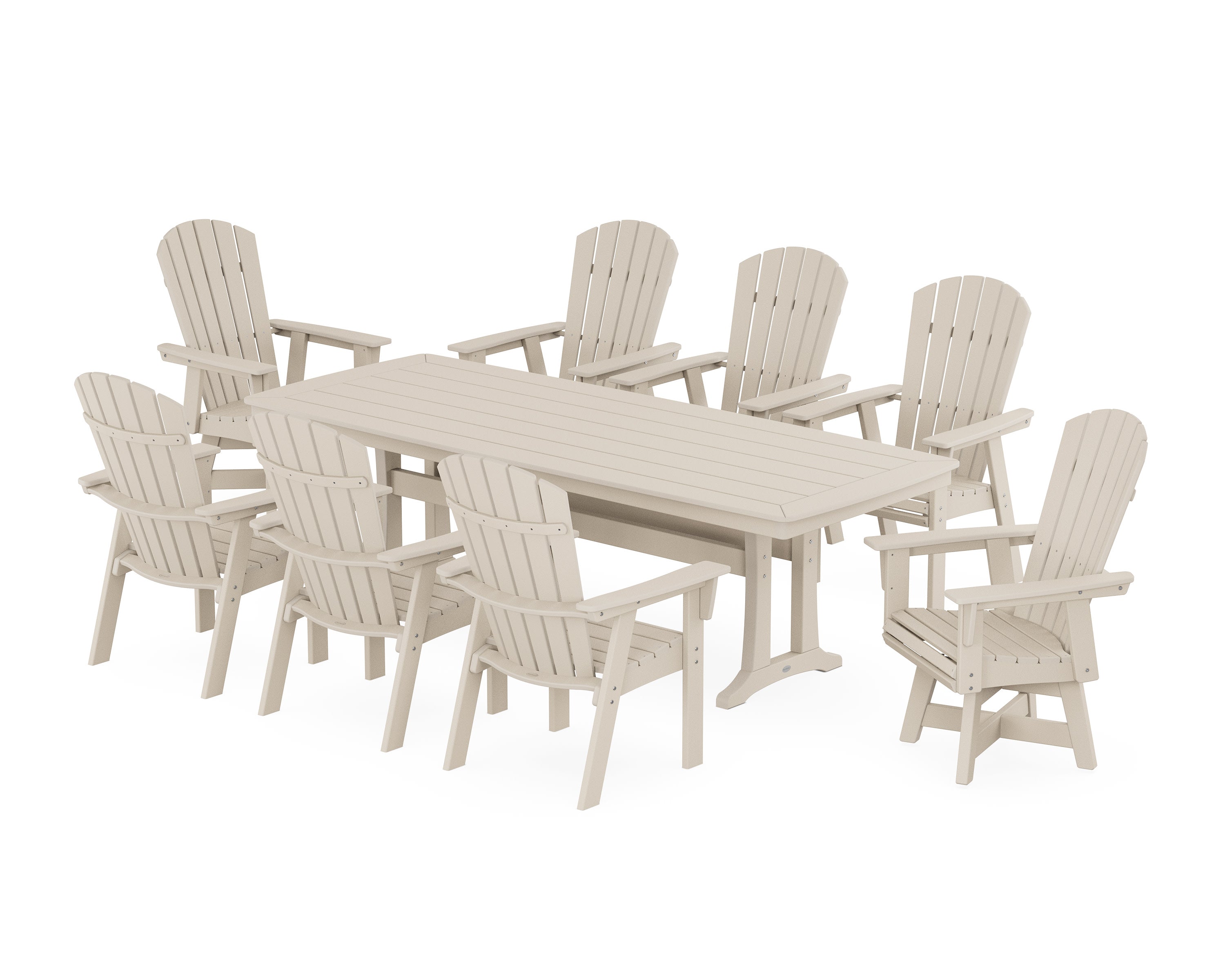 Nautical Curveback Adirondack Swivel 9-Piece Dining Set with Trestle Legs in Sand