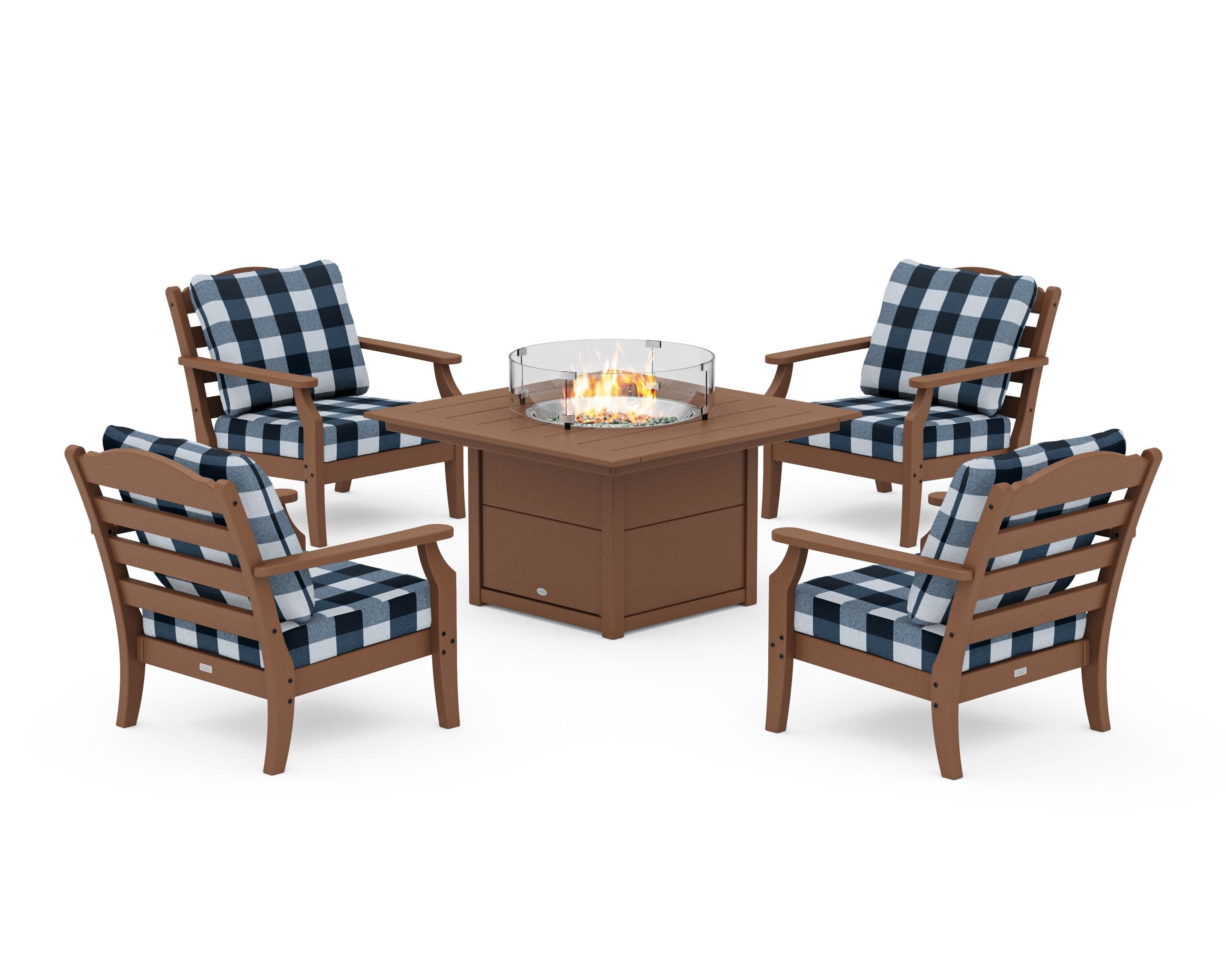 Savannah 5-Piece Deep Seating Set with Fire Pit Table in Teak / Buffalo Plaid Marine Indigo